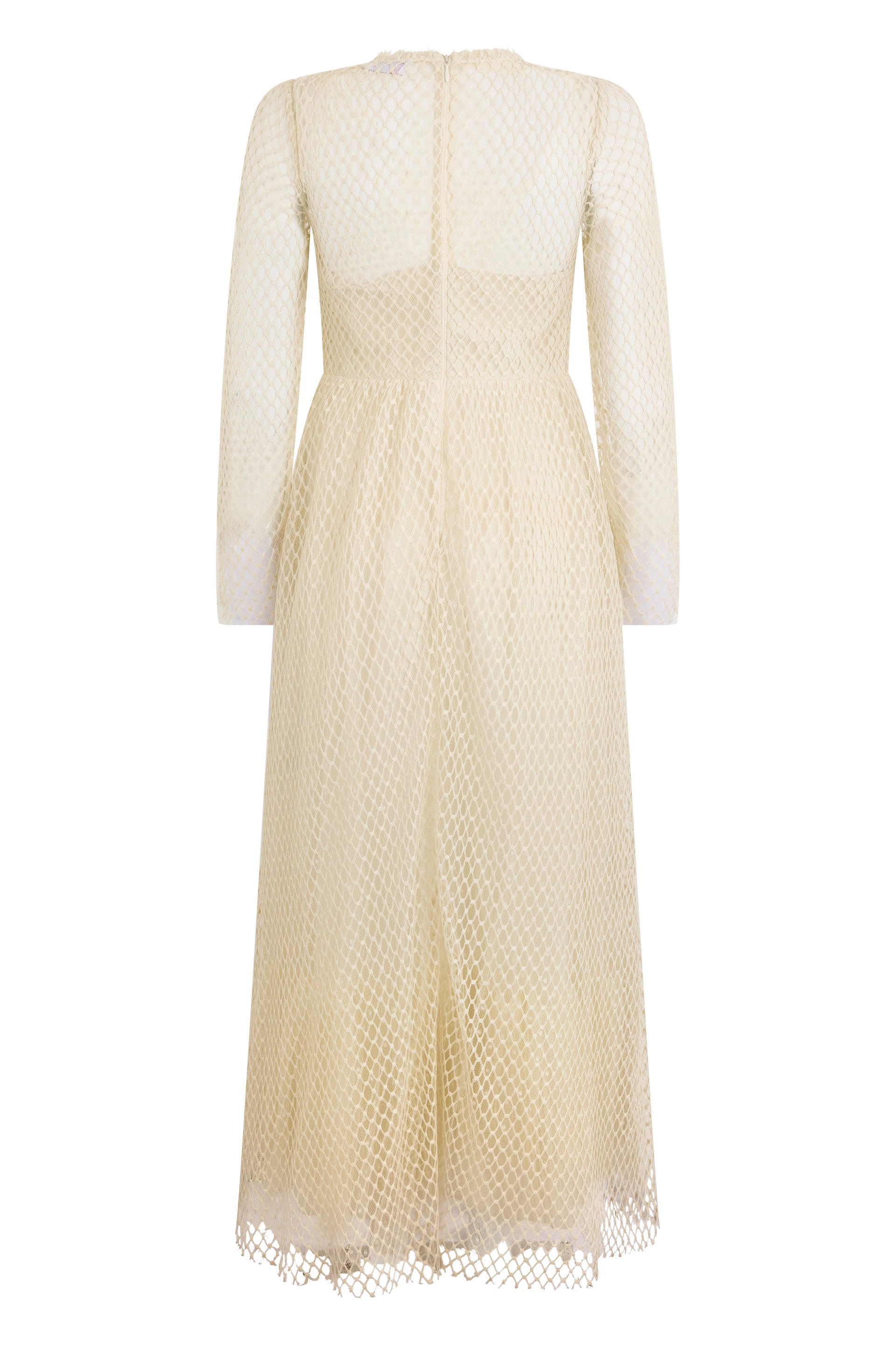 Beige long elegant dress with long sleeves.