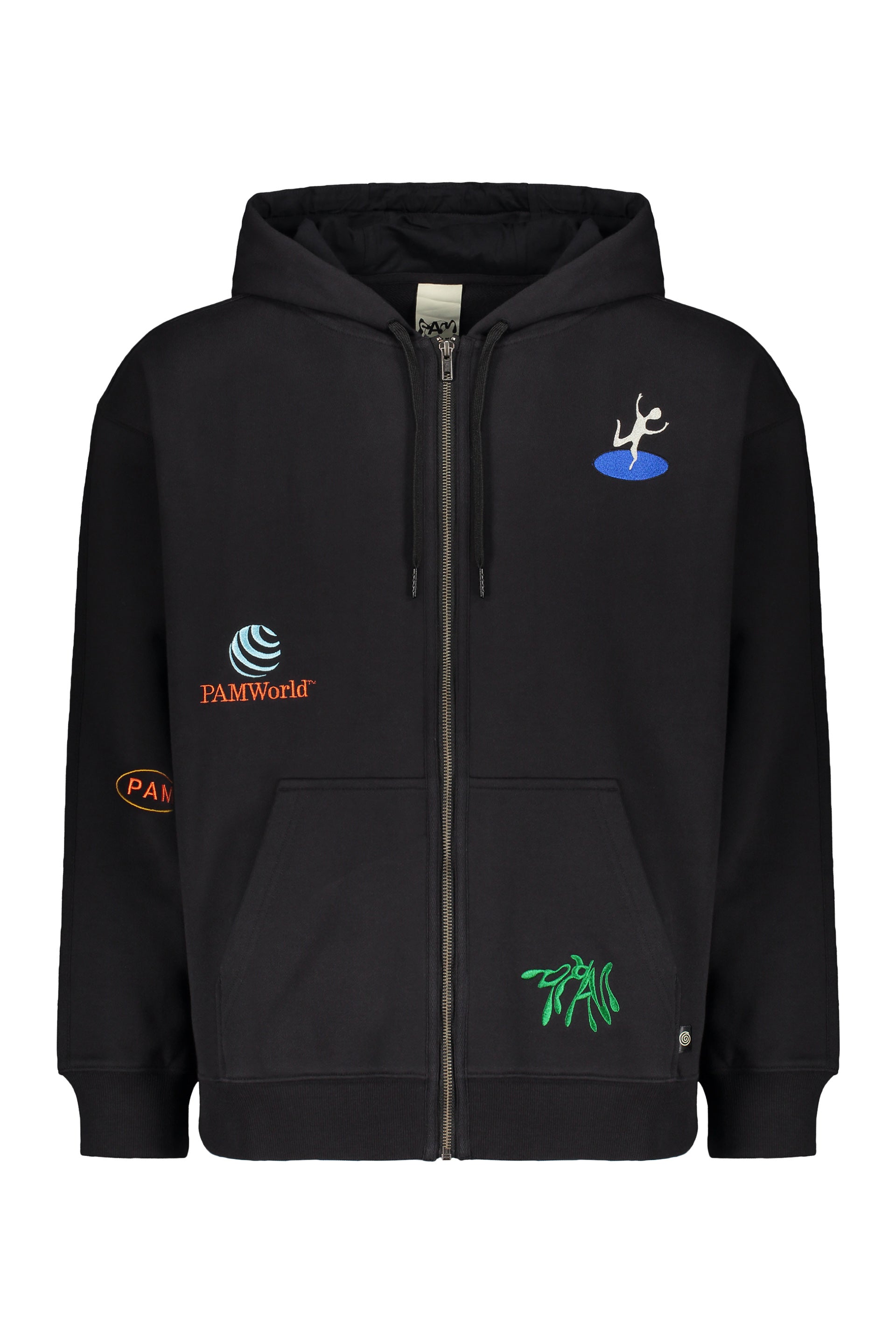 Black zip hoodie with original colorful embroidery