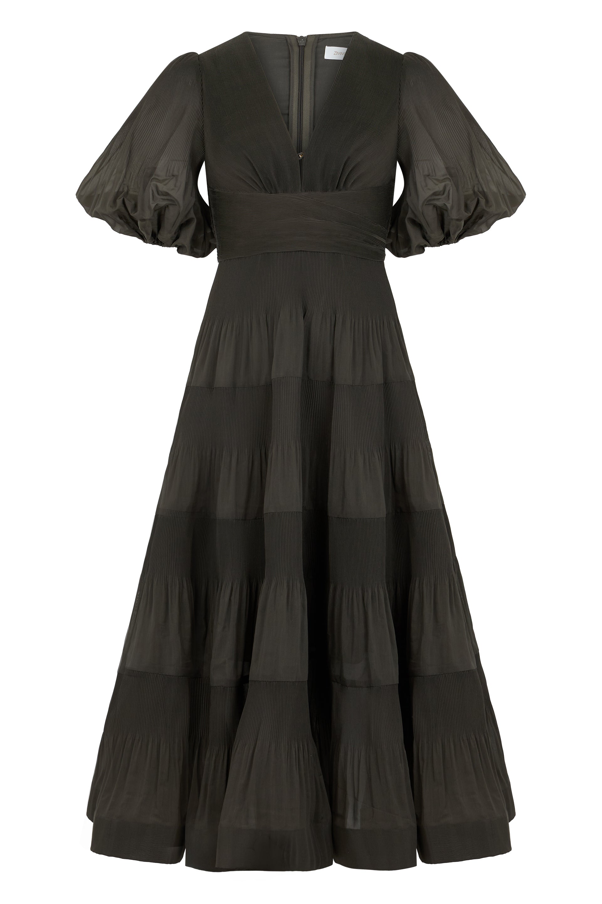 Long black dress with puff sleeves