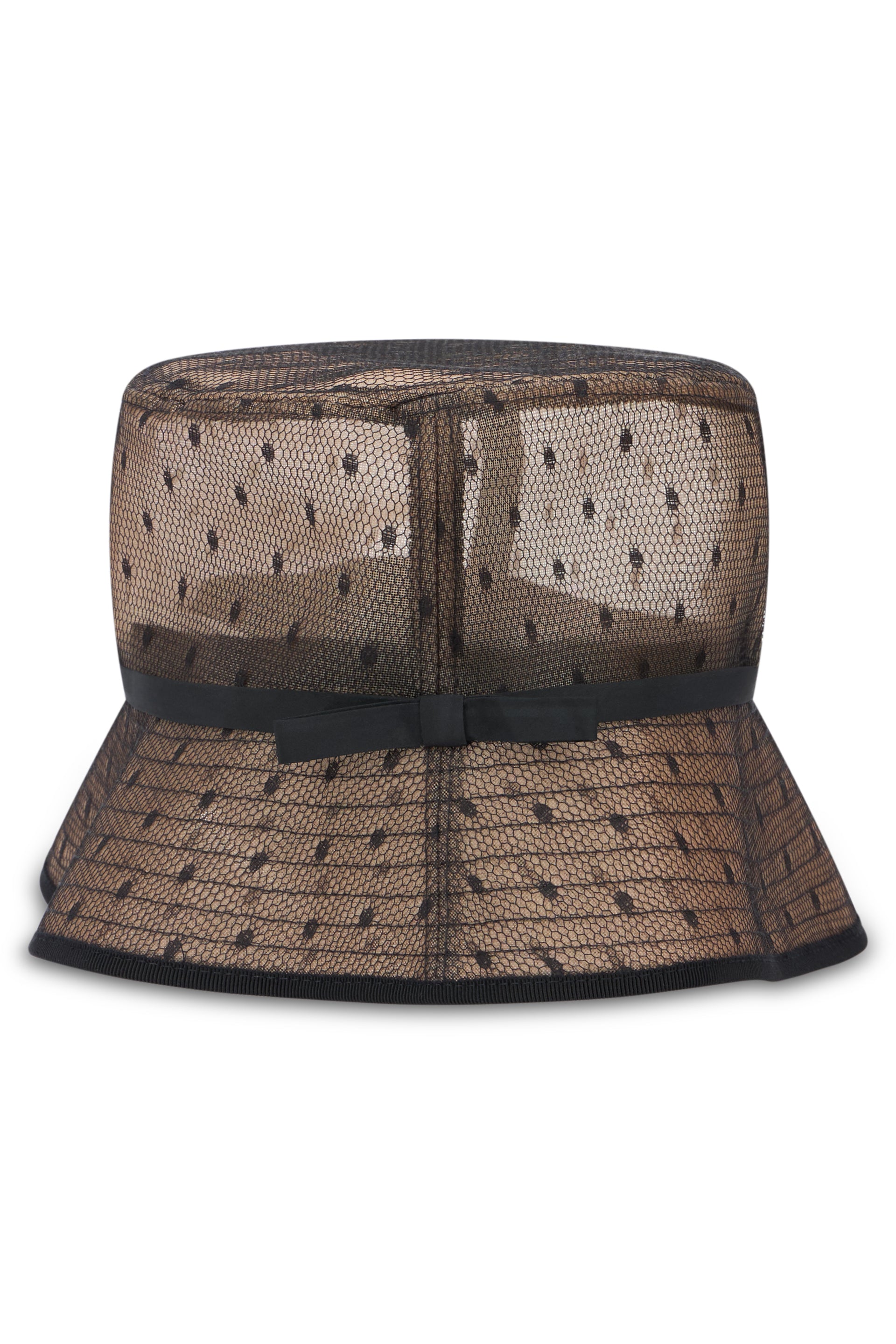 Elegant black bucket hat with net inserts in flesh color.