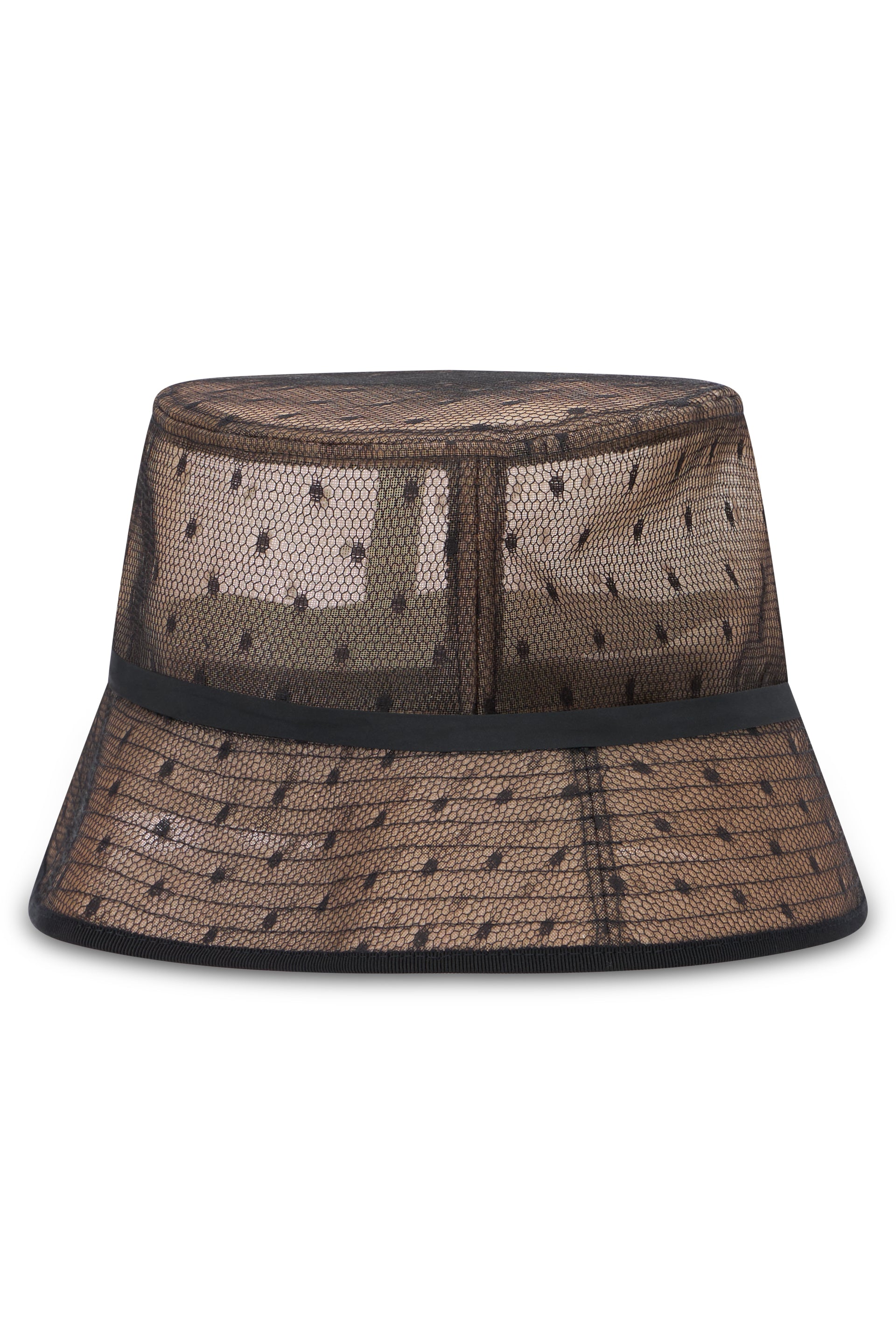 Elegant black bucket hat with net inserts in flesh color.