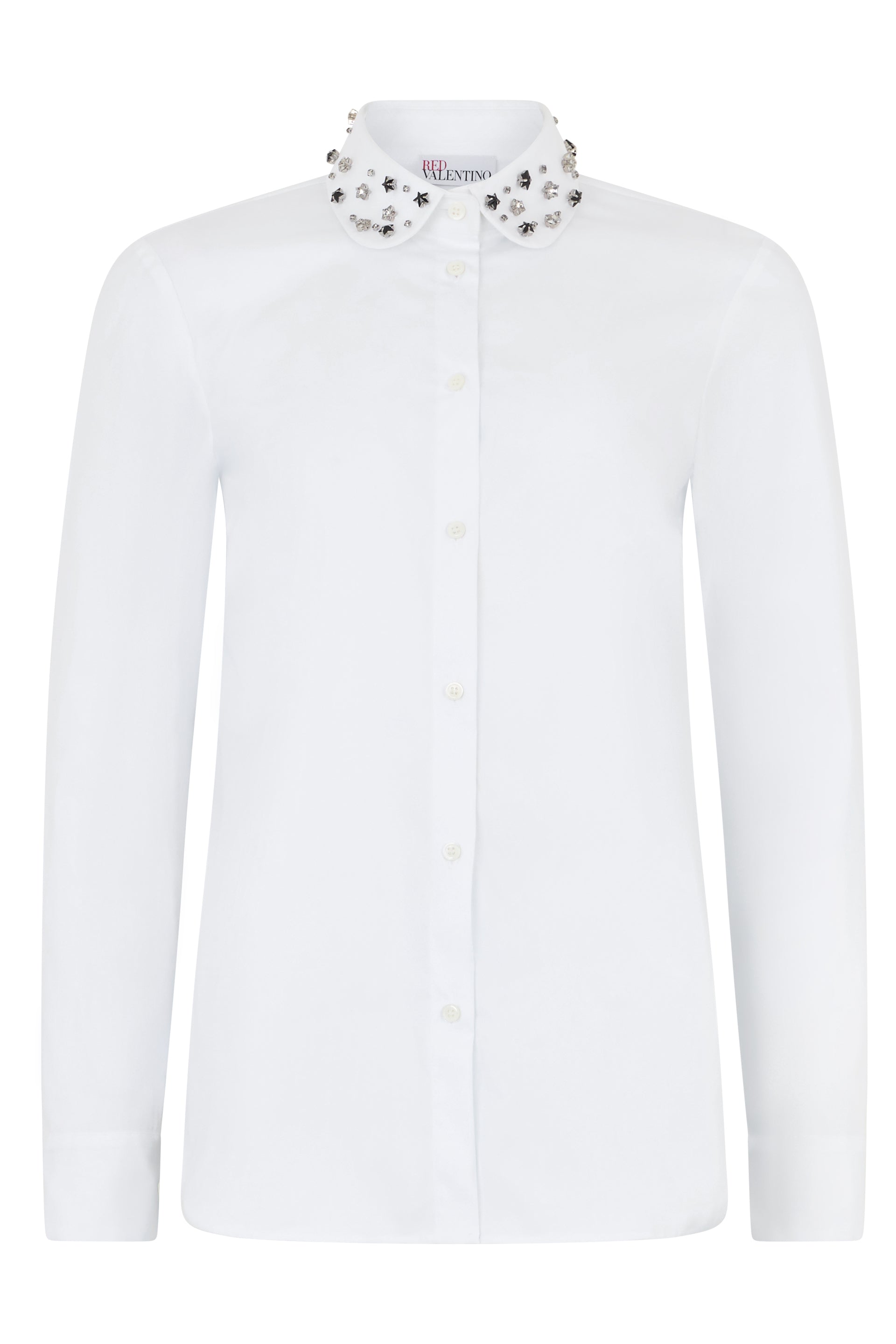 White long-sleeve shirt with embellished collar.