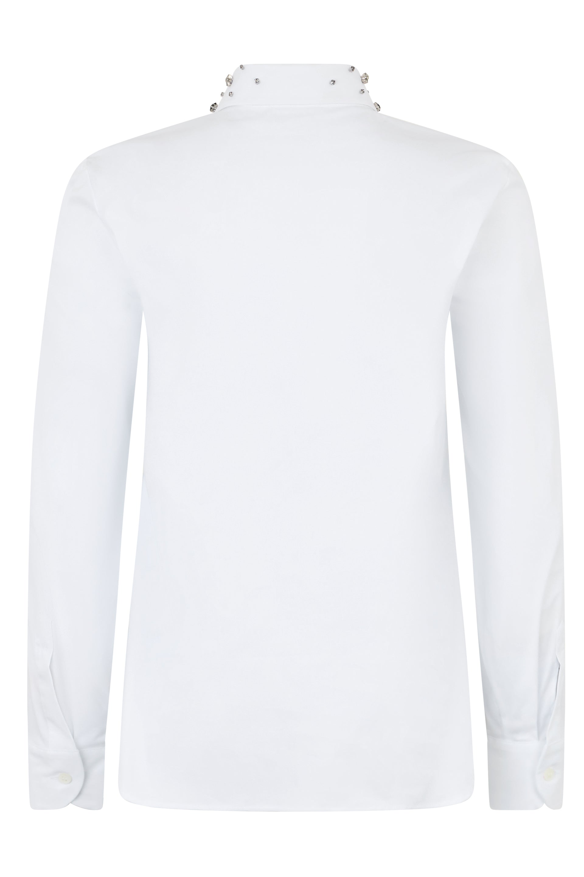White long-sleeve shirt with embellished collar.