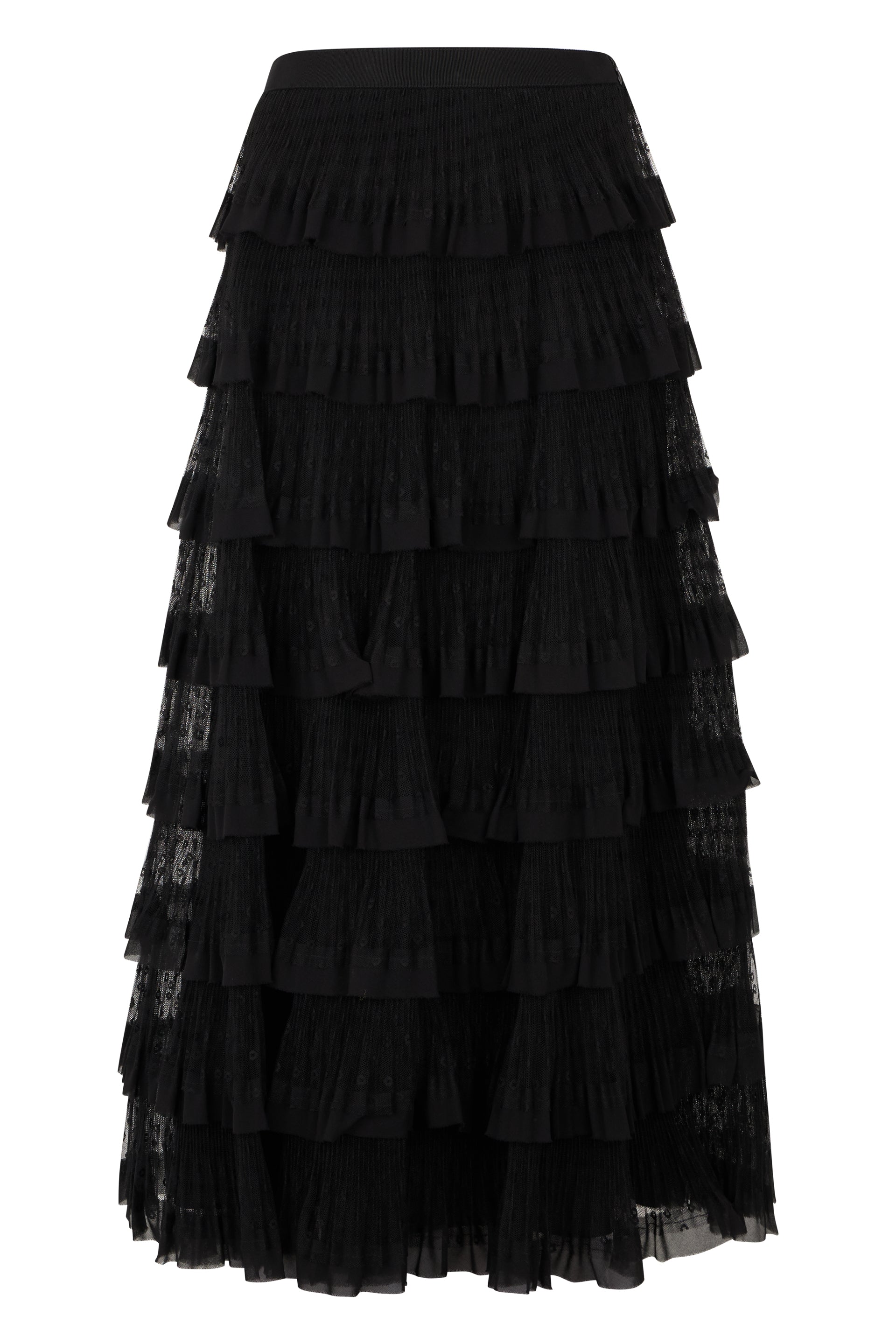 Black midi dress with ruffles, elegant and versatile.