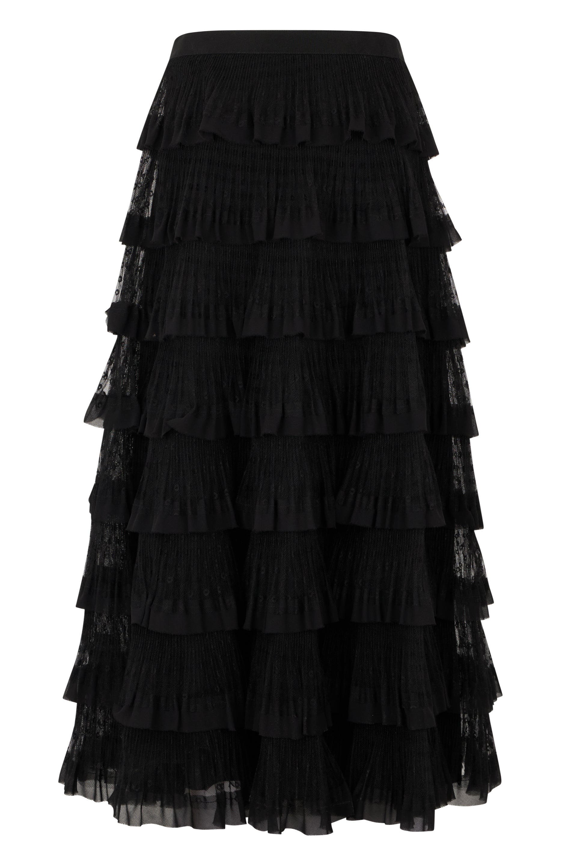 Black midi dress with ruffles, elegant and versatile.