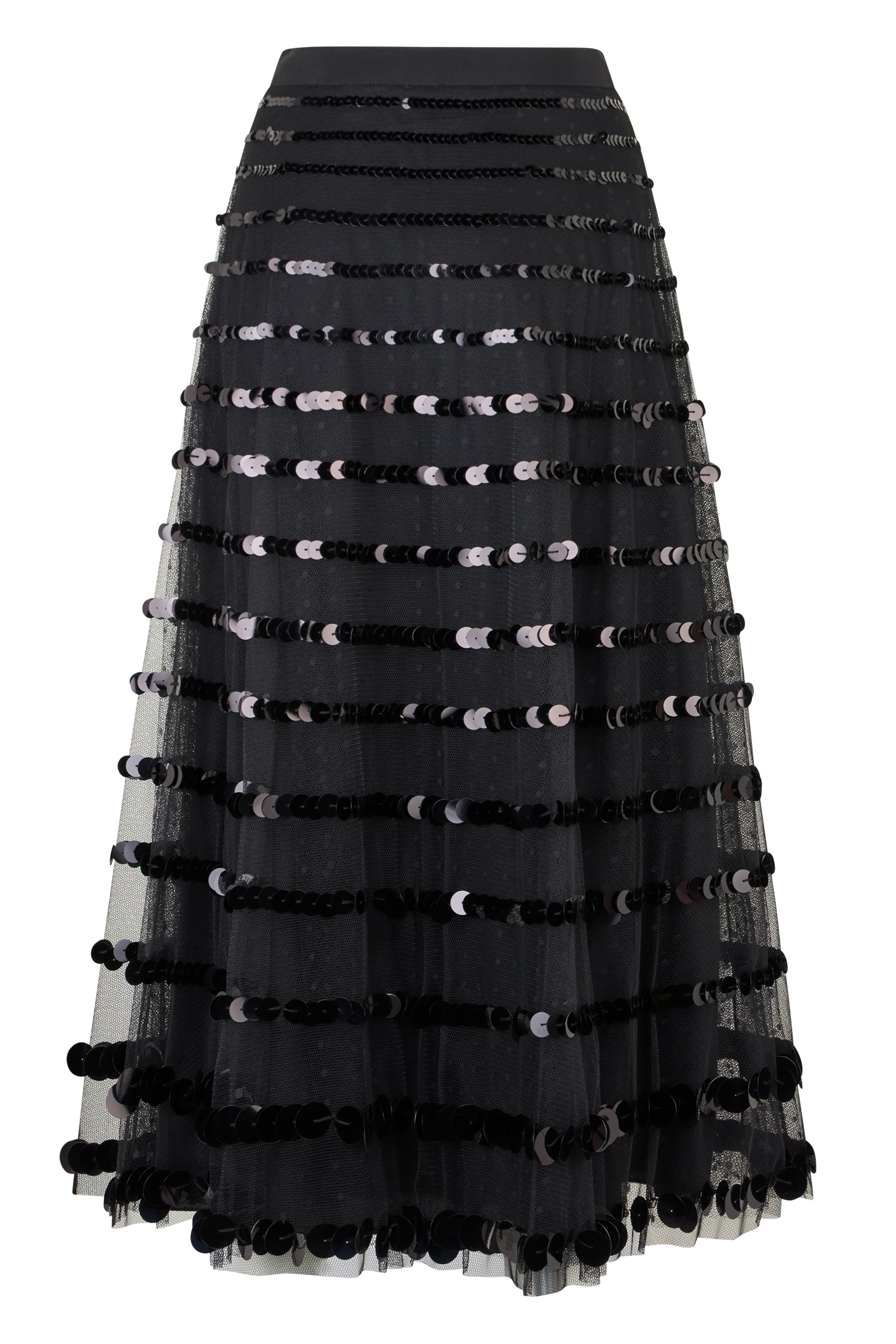 Long black skirt with tulle and sequins, elegant and refined.