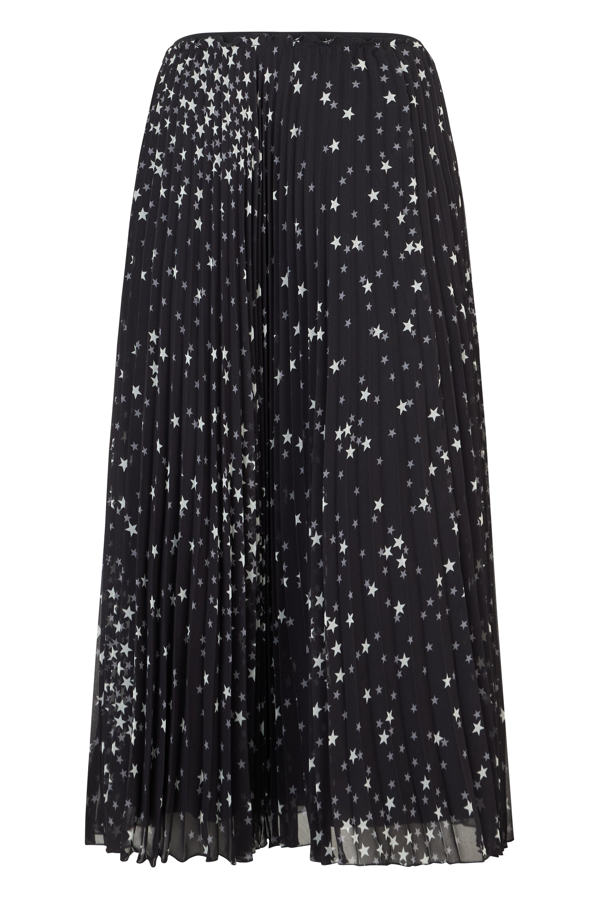 Long black pleated skirt with contrasting print.