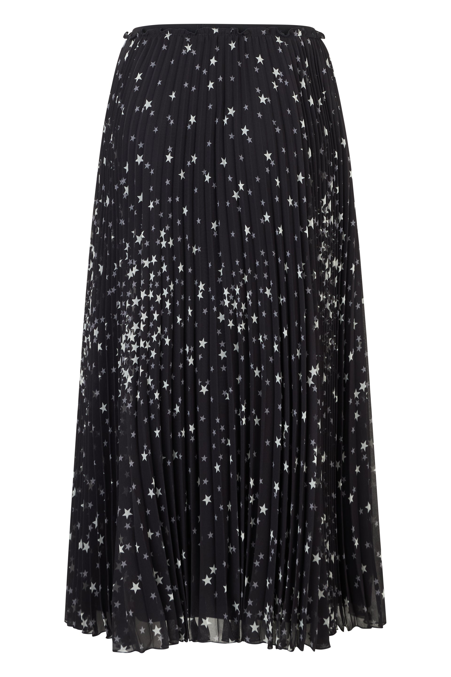 Long black pleated skirt with contrasting print.