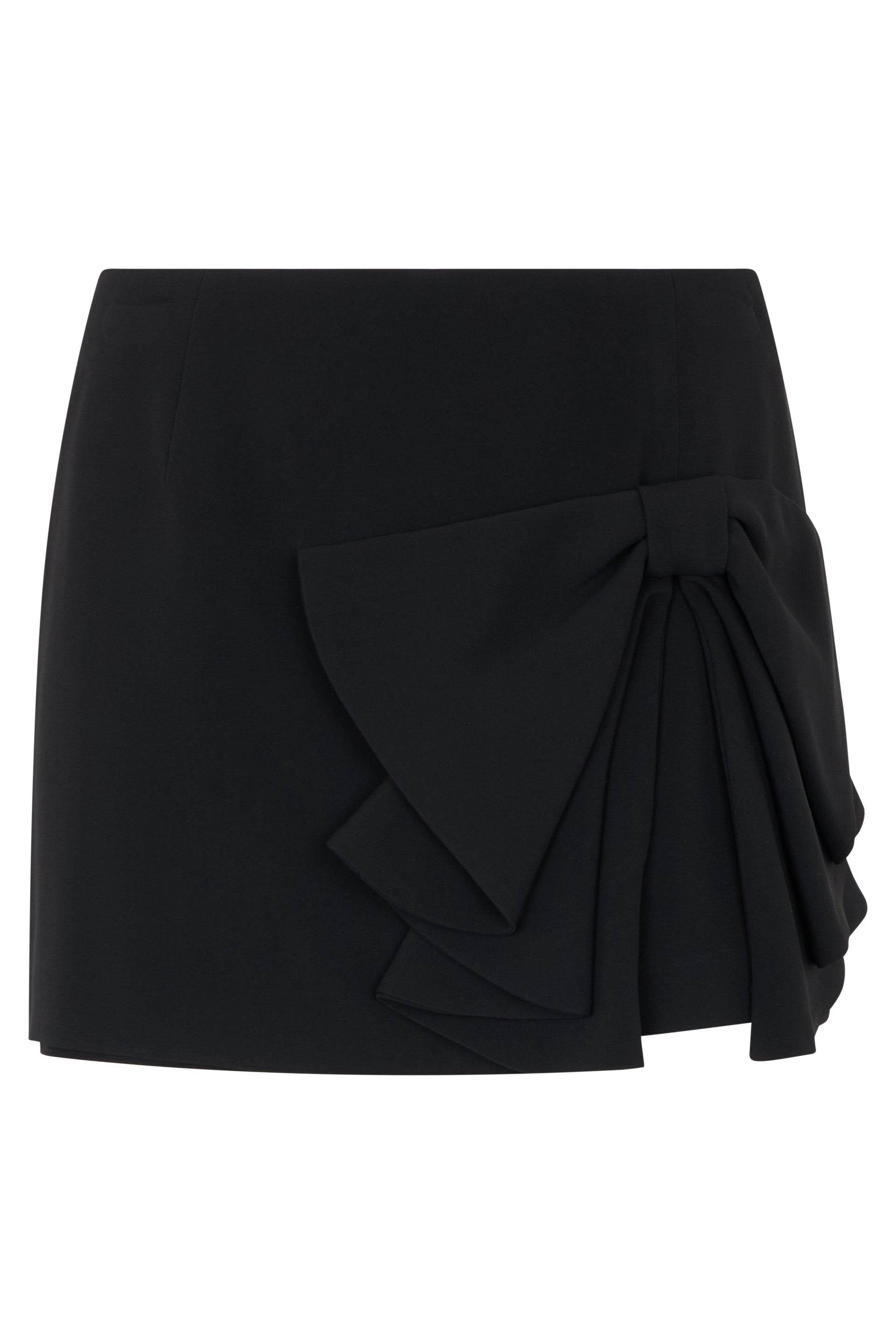 Black wrap dress with elegant draped bow.