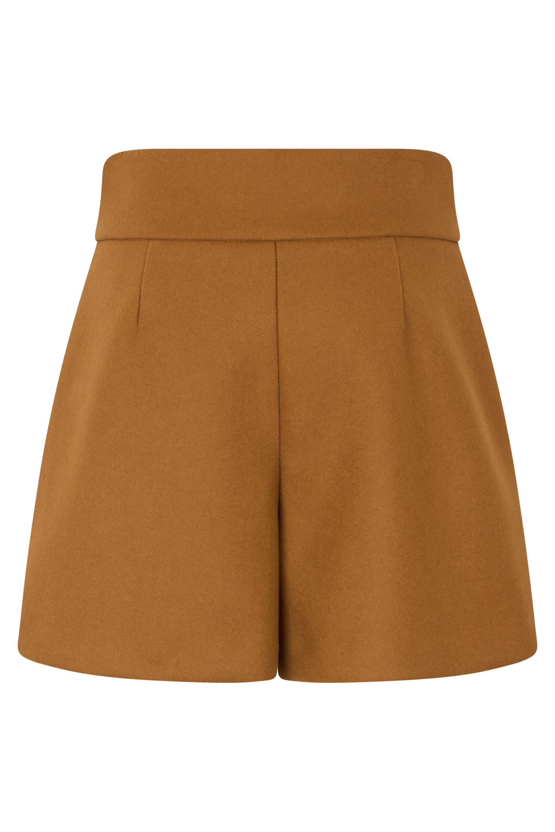 Elegant camel-colored shorts with a high waistband and gold buttons.
