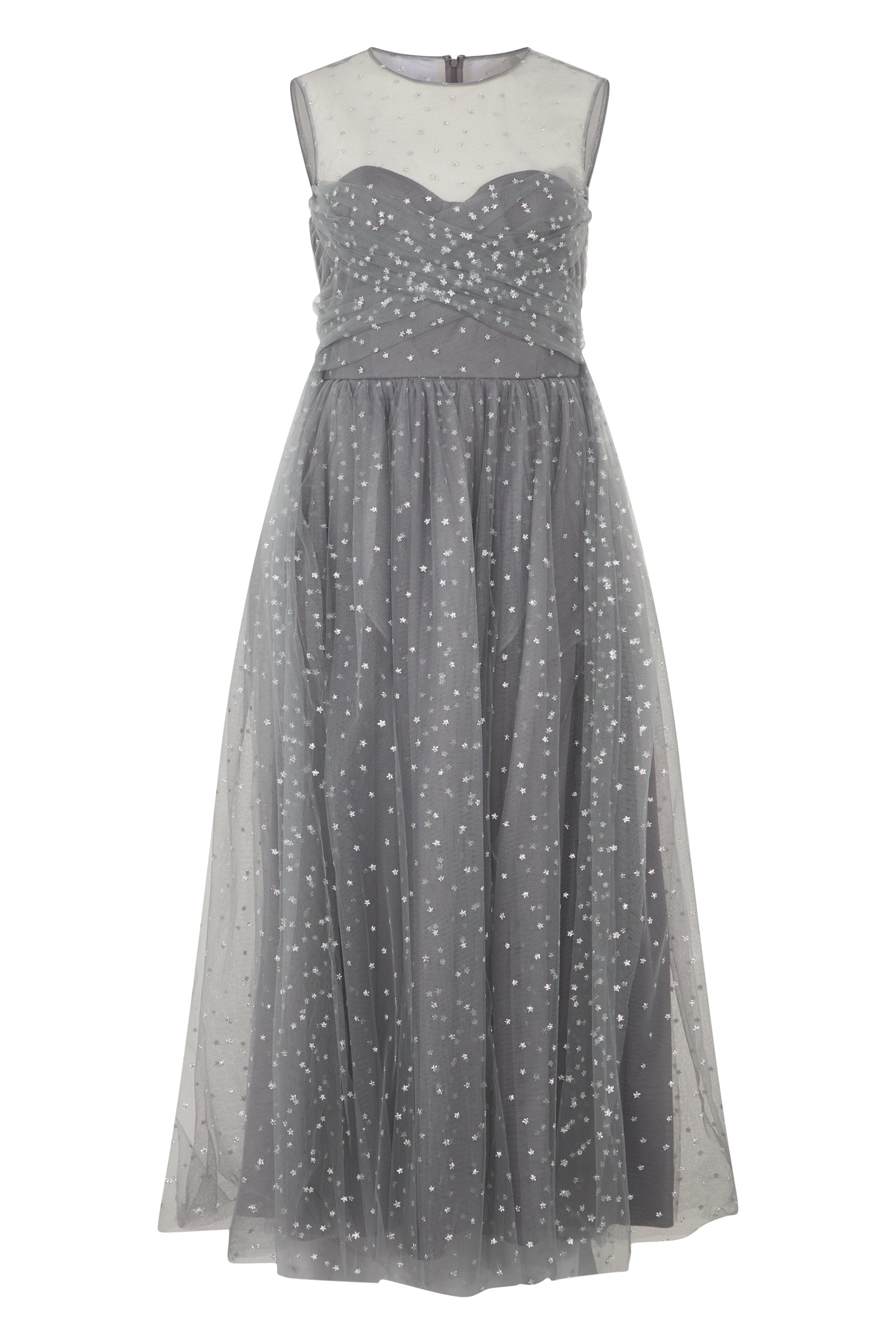 Elegant long gray dress with heart-shaped transparent neckline.