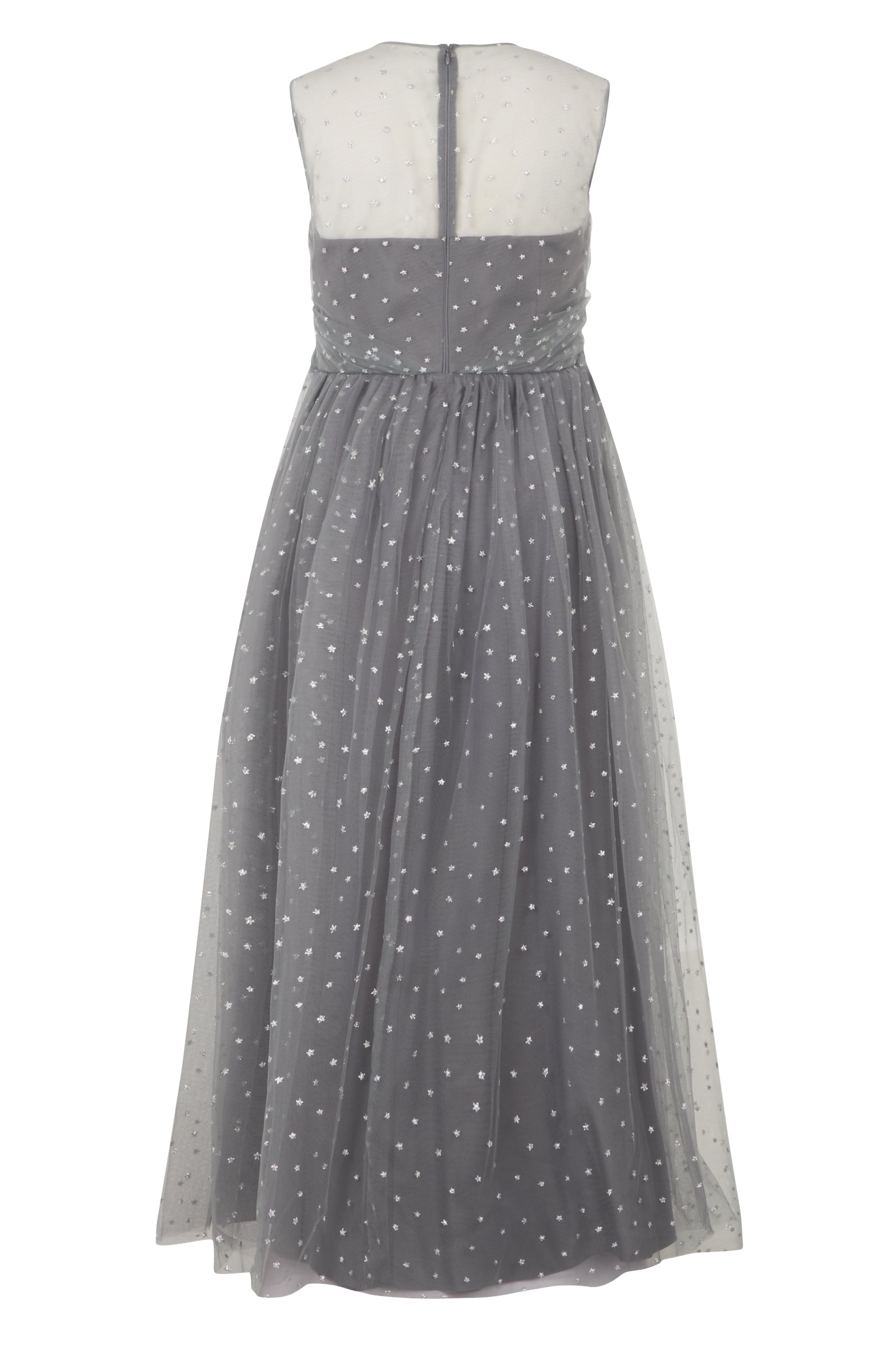 Elegant long gray dress with heart-shaped transparent neckline.
