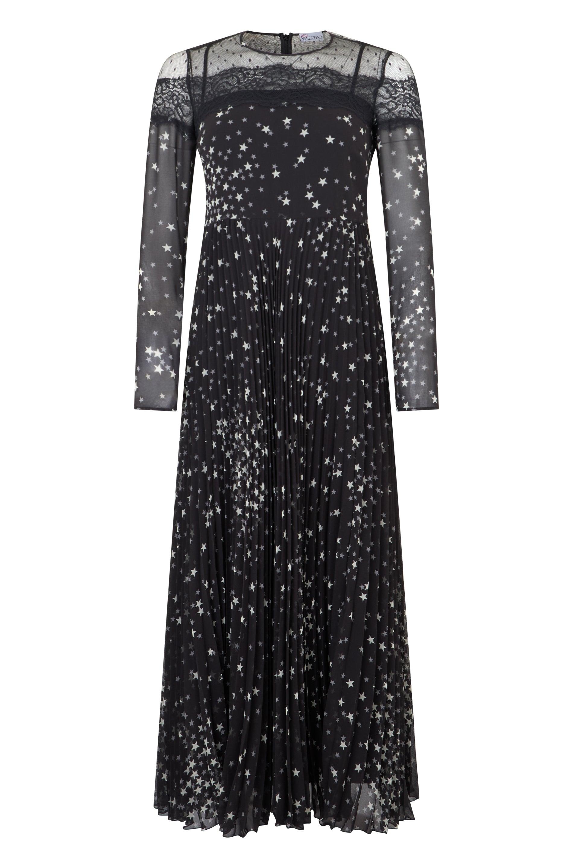 Long black dress with transparent sleeves and gray print.