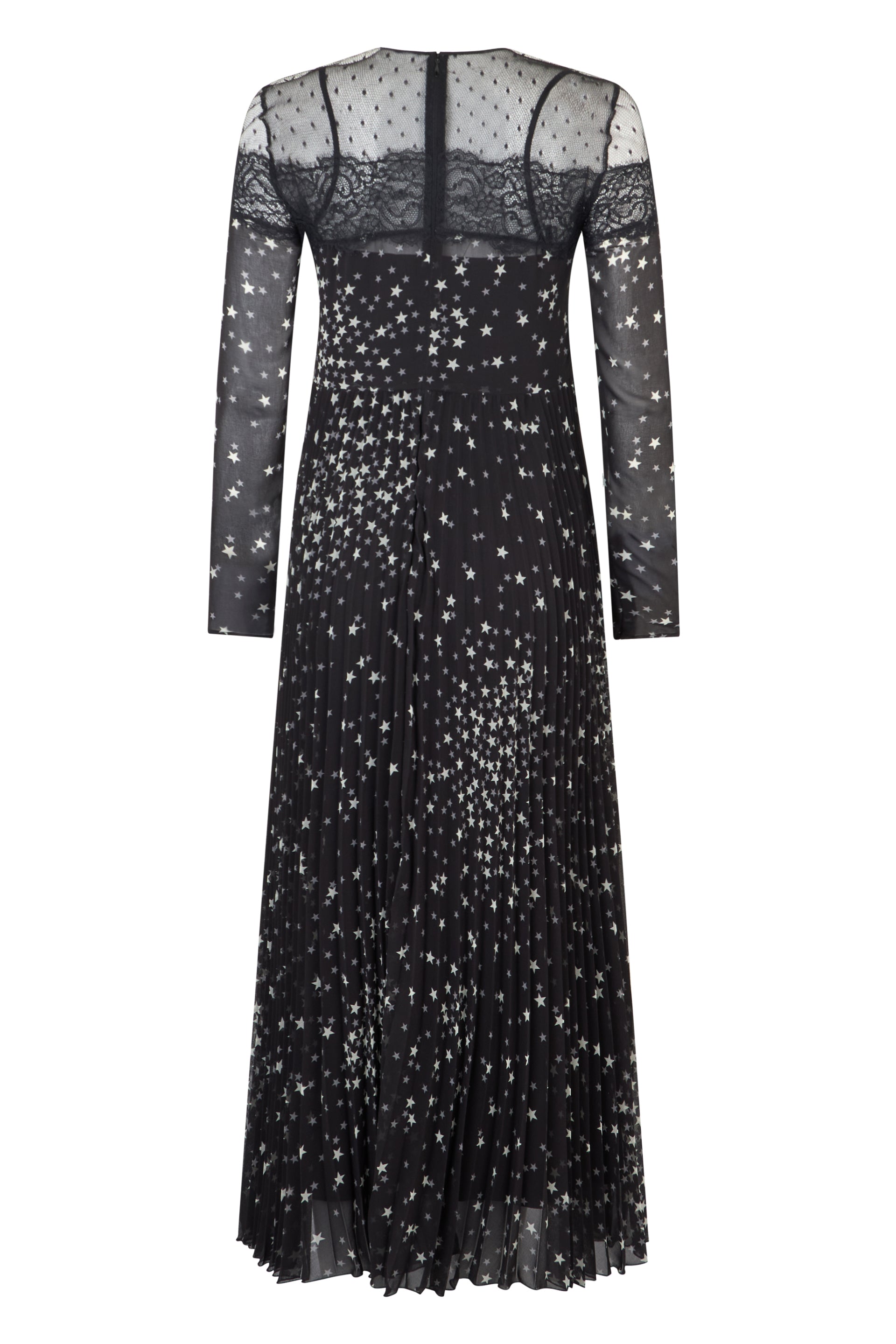 Long black dress with transparent sleeves and gray print.