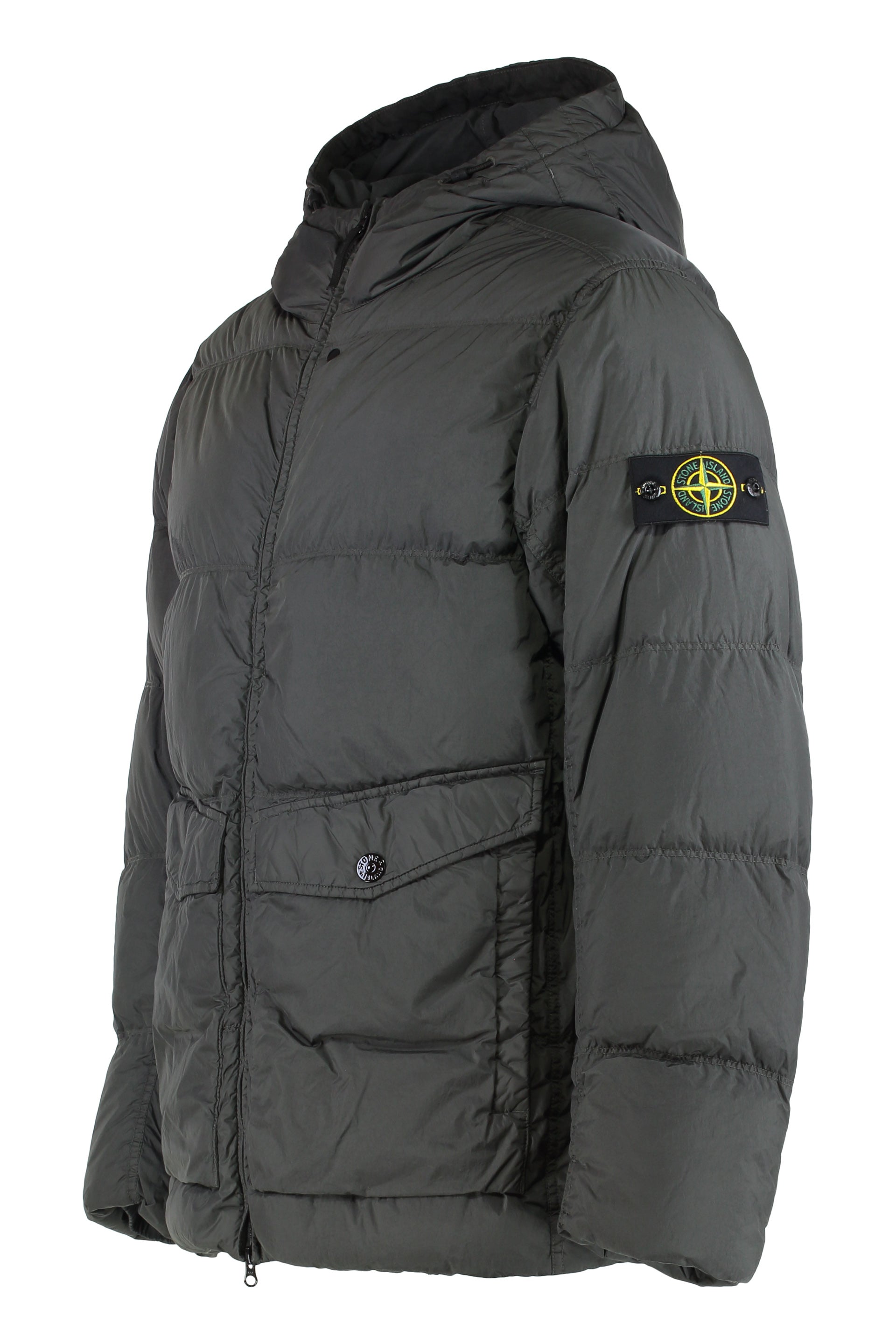 Down jacket with hood in nylon ripstop