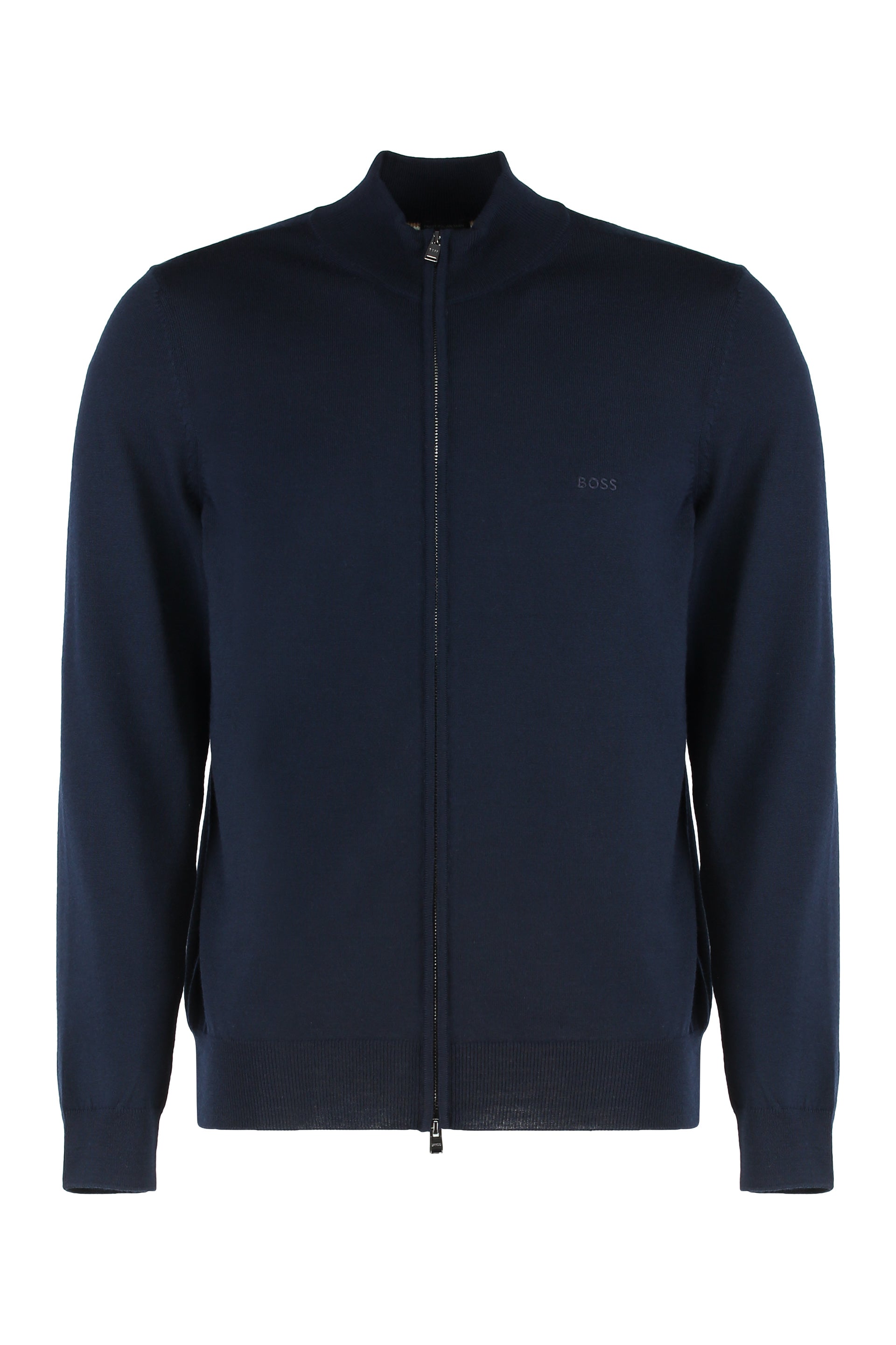 Cardigan in virgin wool with zip and logo