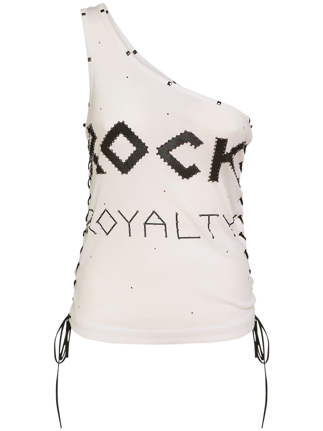 Asymmetrical one-shoulder top with "ROCK" print