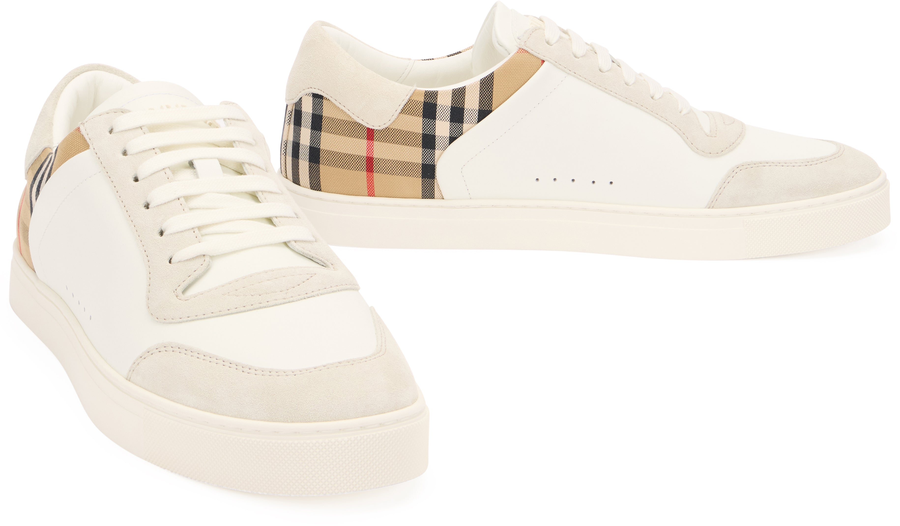White cream sneakers in leather, suede and check pattern