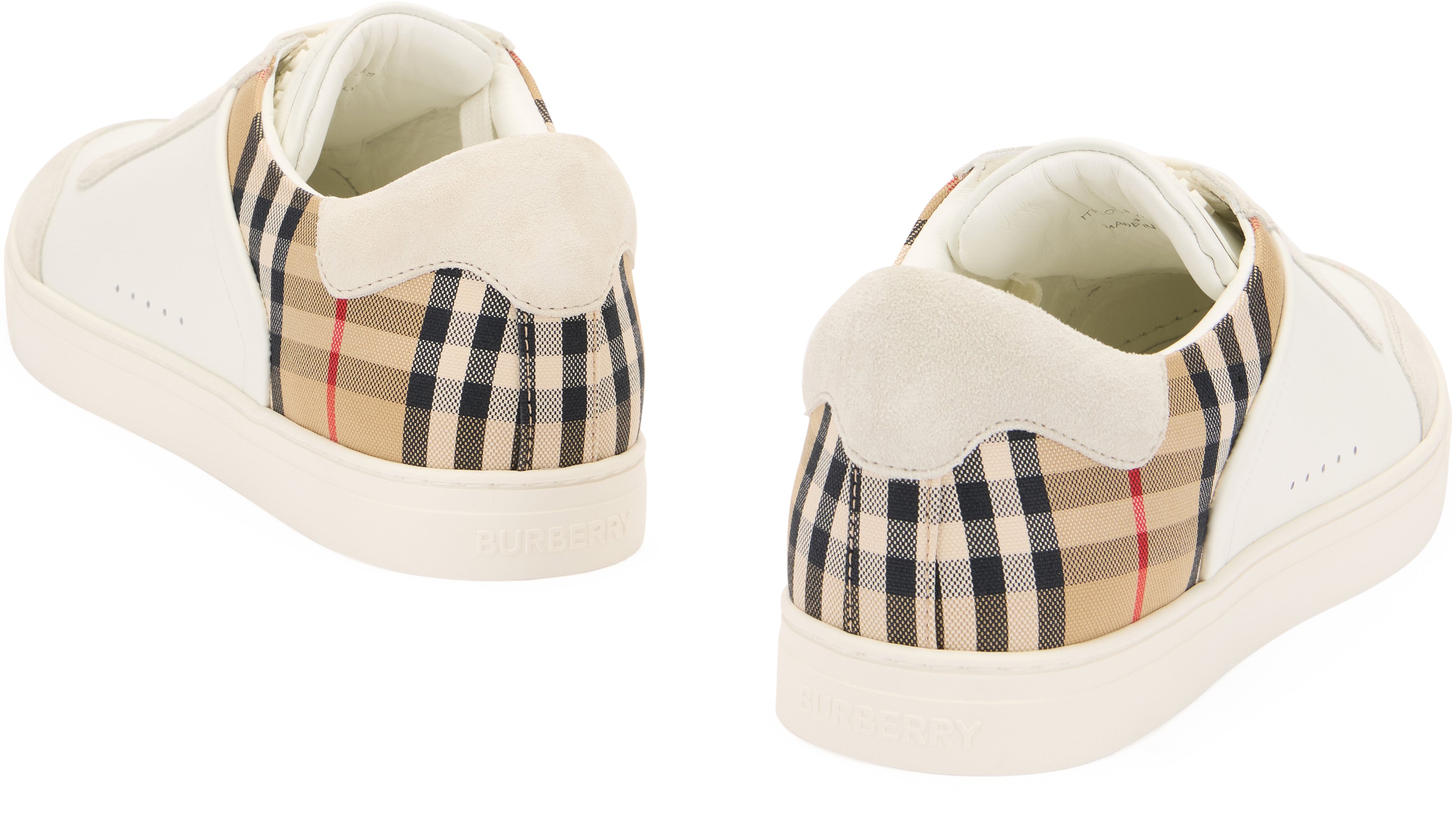 White cream sneakers in leather, suede and check pattern