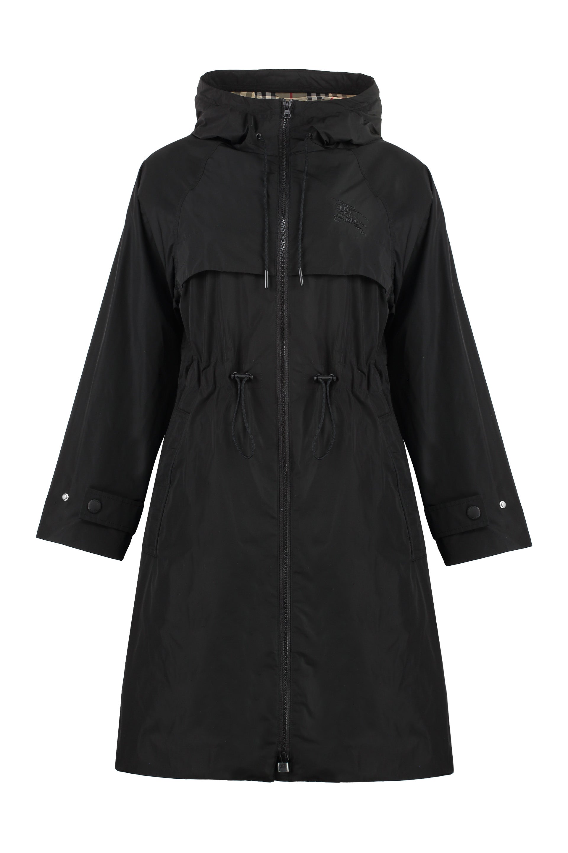 Hooded techno fabric raincoat