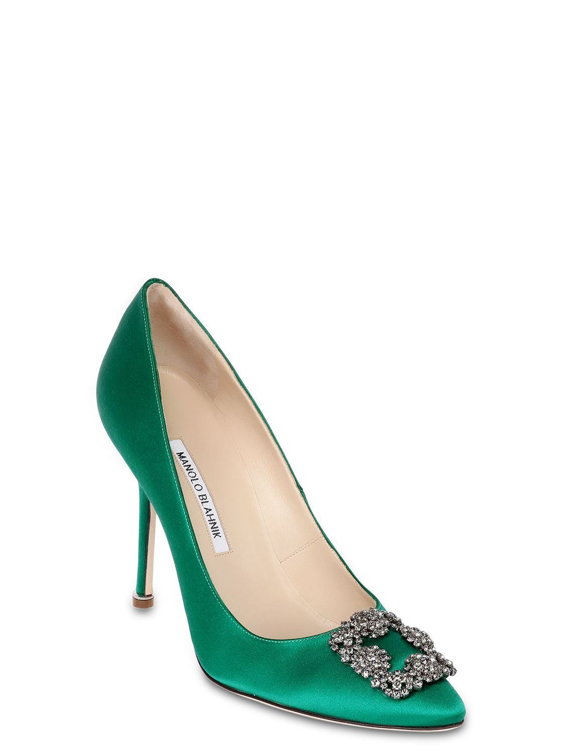 Elegant high-heeled green satin décolleté