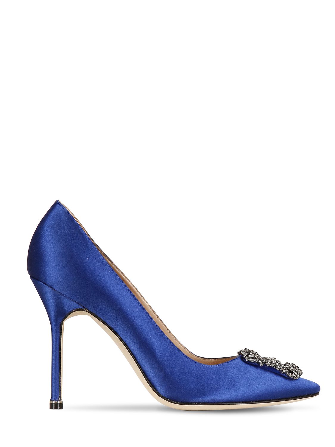 Blue satin pump with high heel