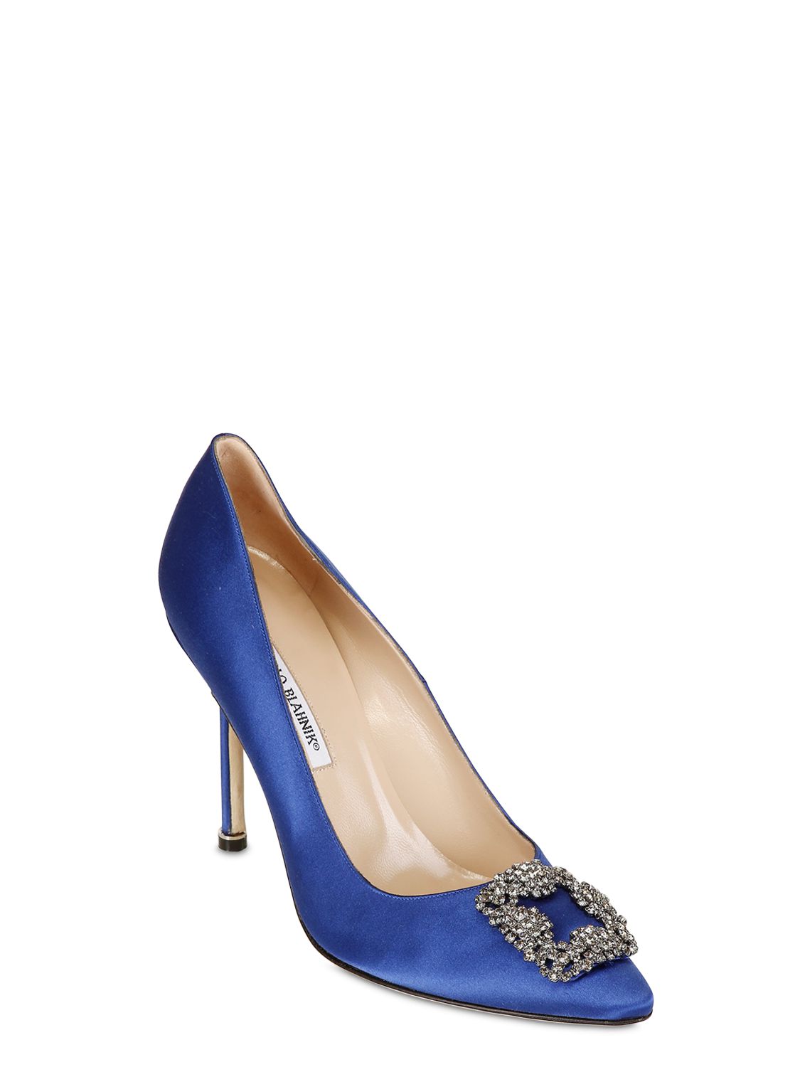 Blue satin pump with high heel