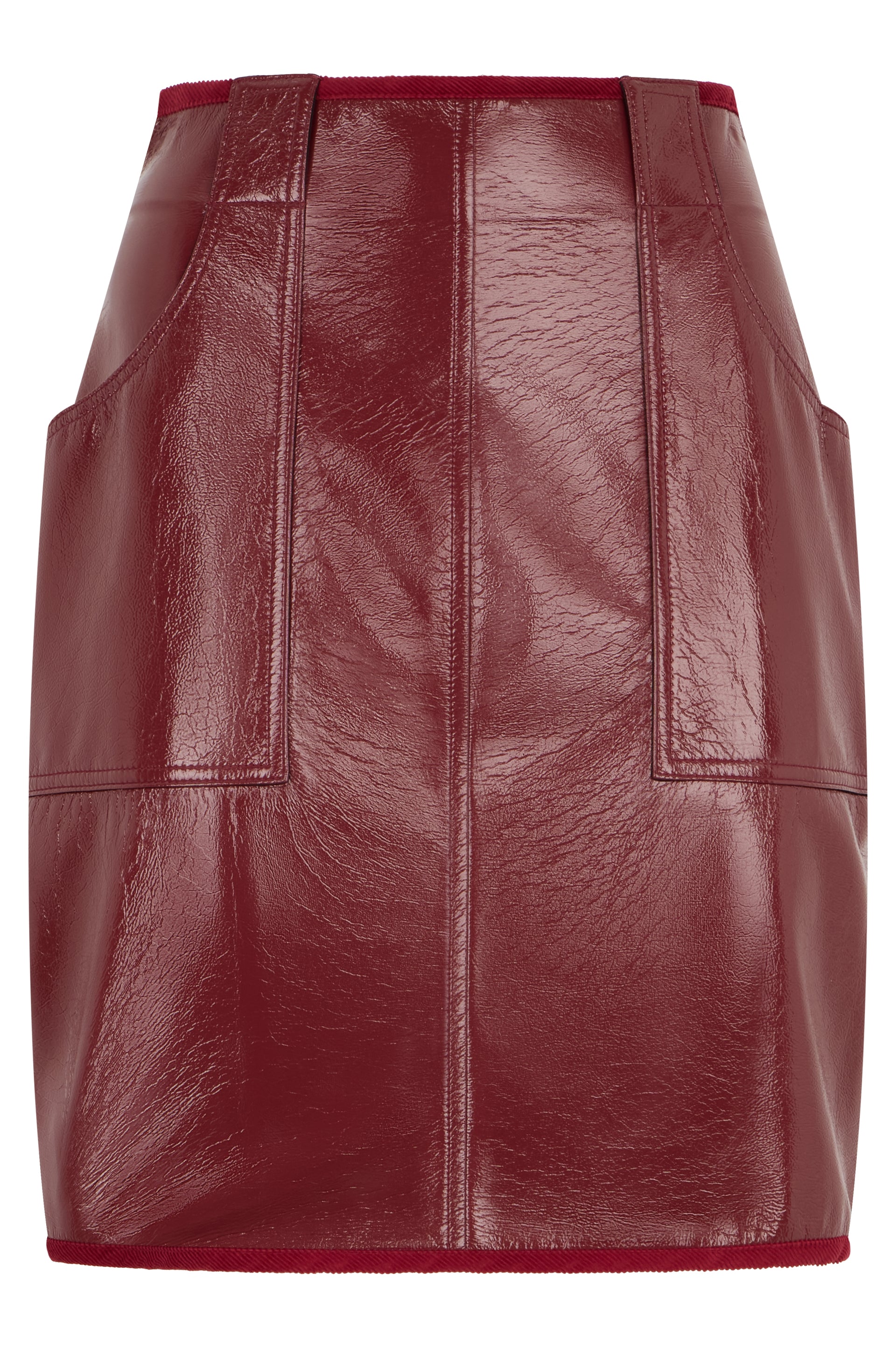 Short skirt in eco-leather burgundy with elegant pockets.