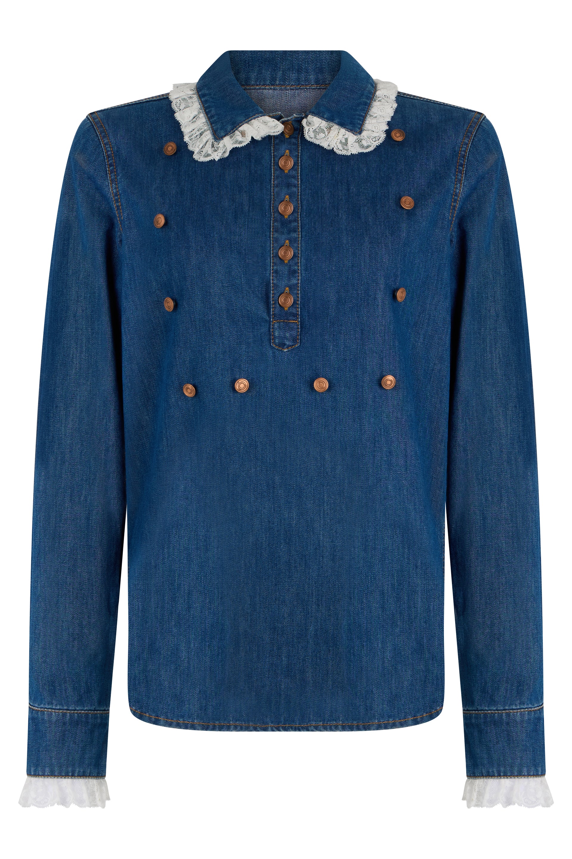 Blue denim blouse with a lace-trimmed collar.