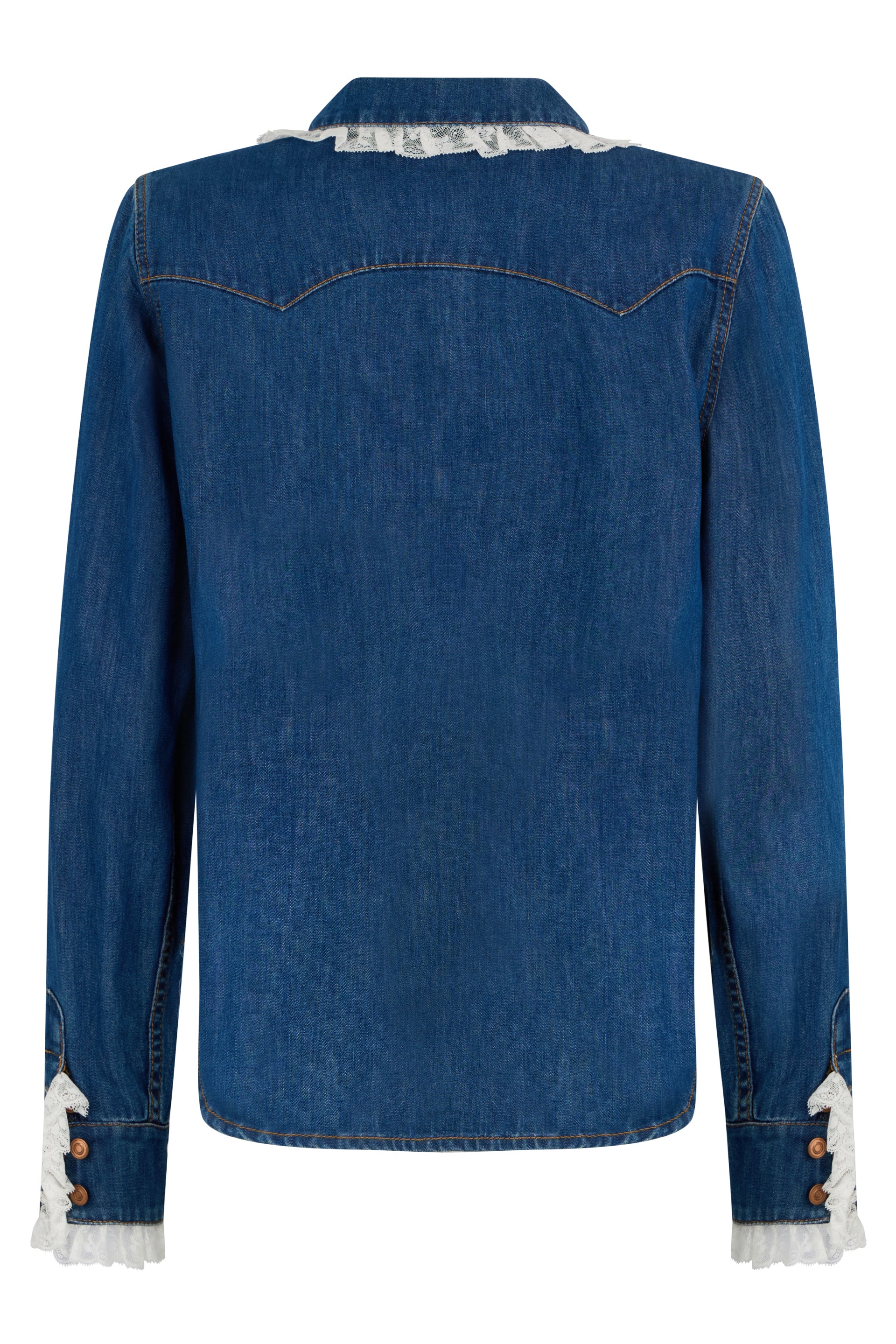 Blue denim blouse with a lace-trimmed collar.
