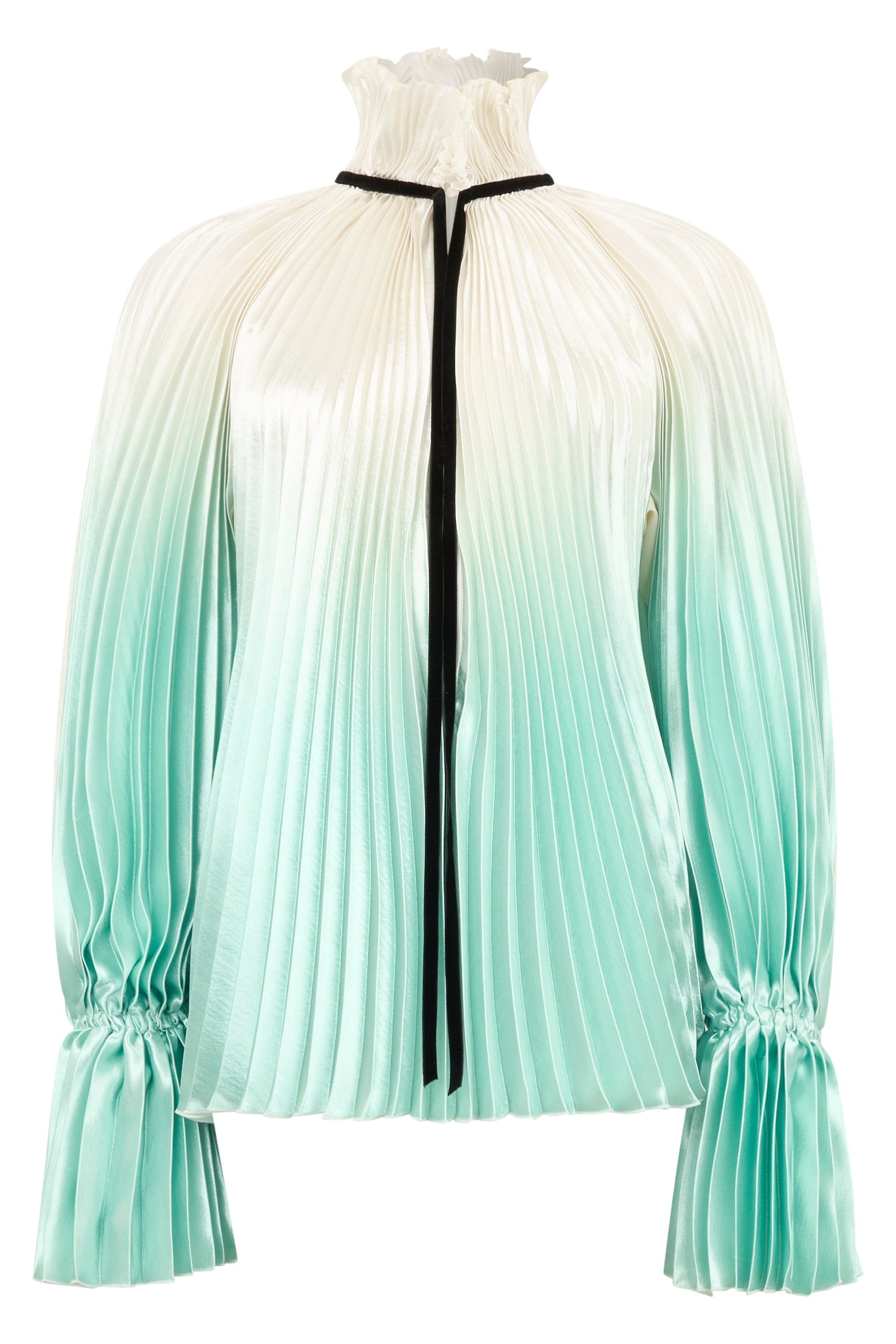 Blouse with satin-like fabric and pleated in shades of cream and turquoise, elegant and refined.