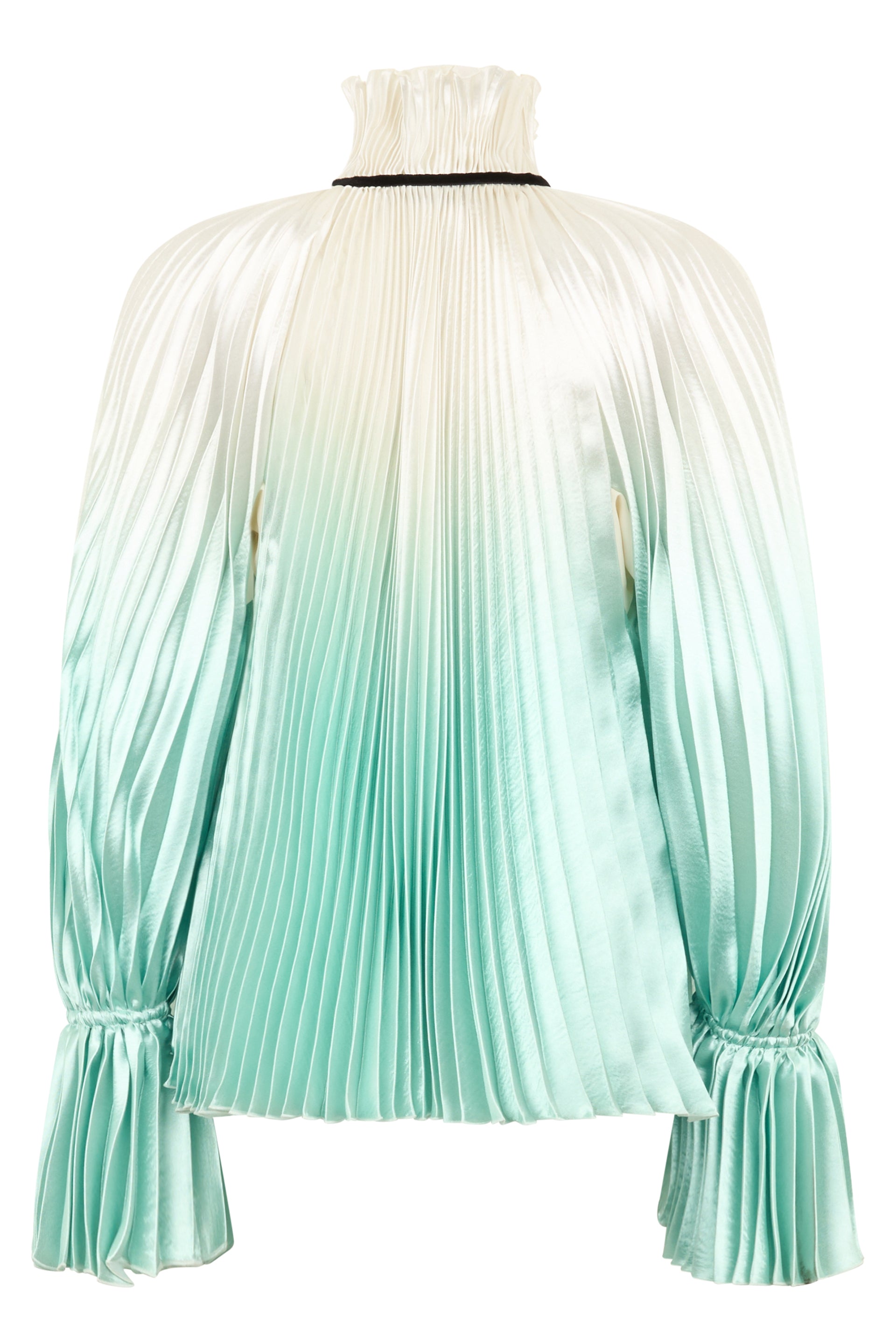 Blouse with satin-like fabric and pleated in shades of cream and turquoise, elegant and refined.