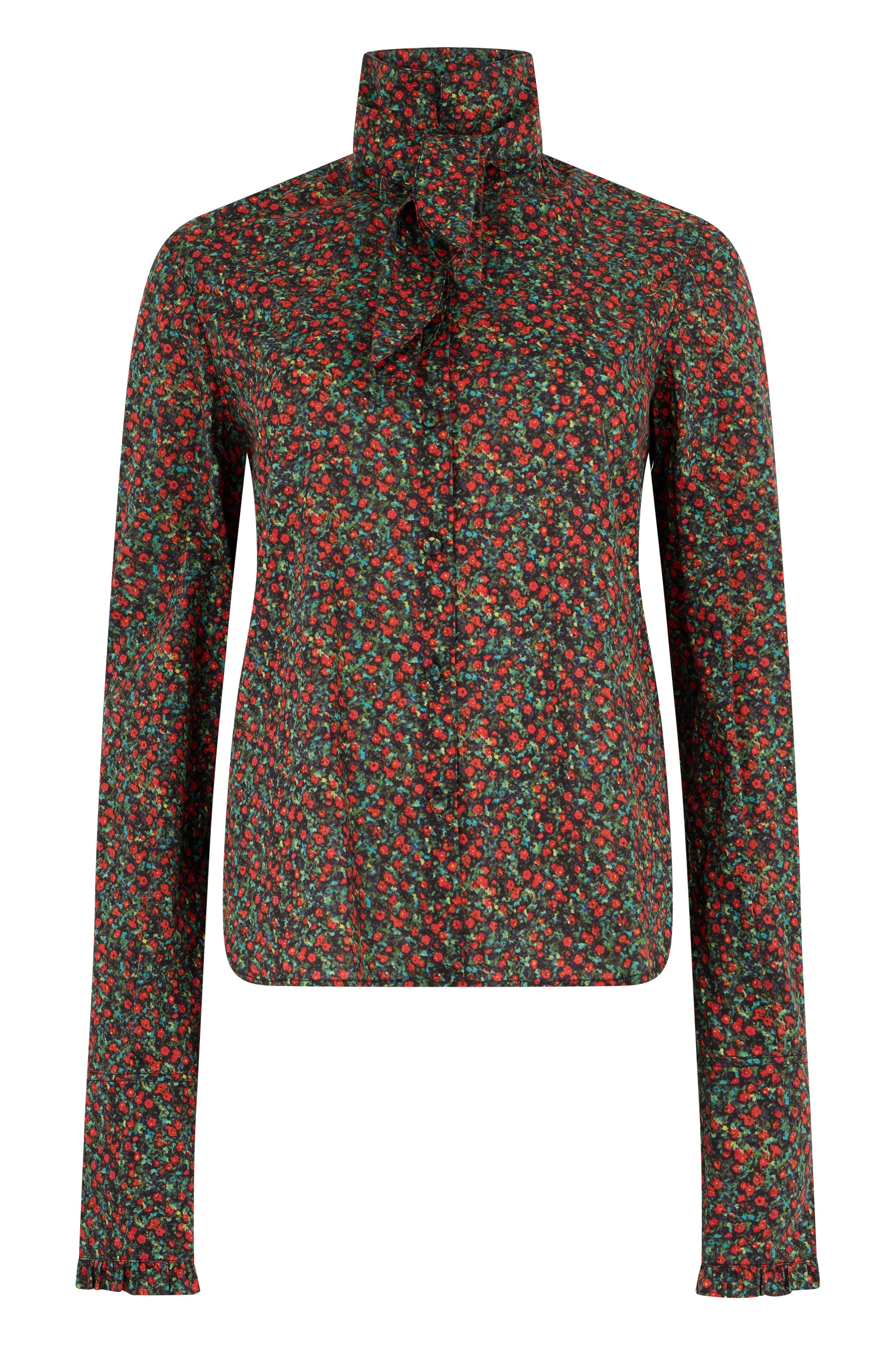 Elegant shirt with floral pattern and high collar.