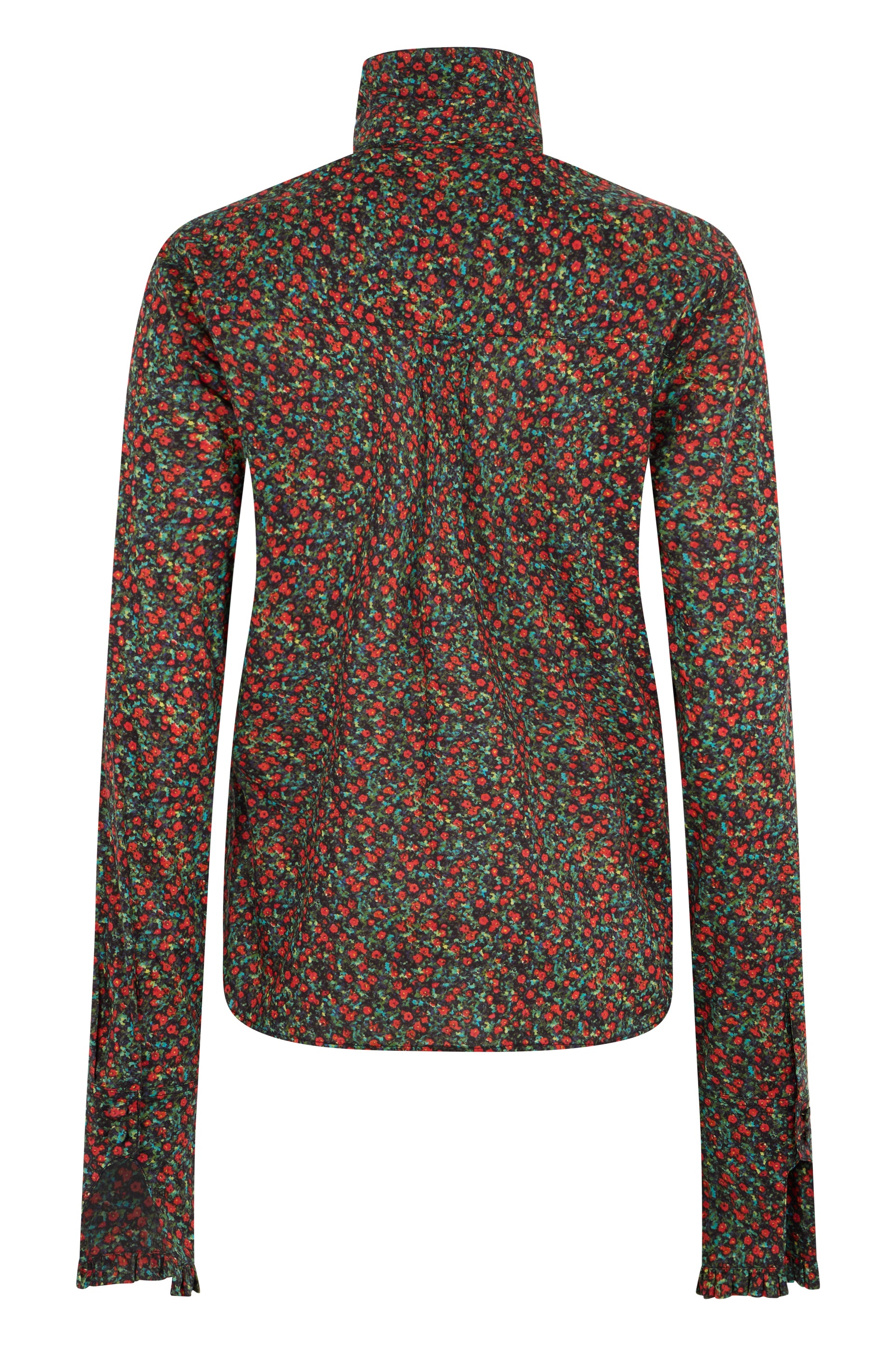 Elegant shirt with floral pattern and high collar.