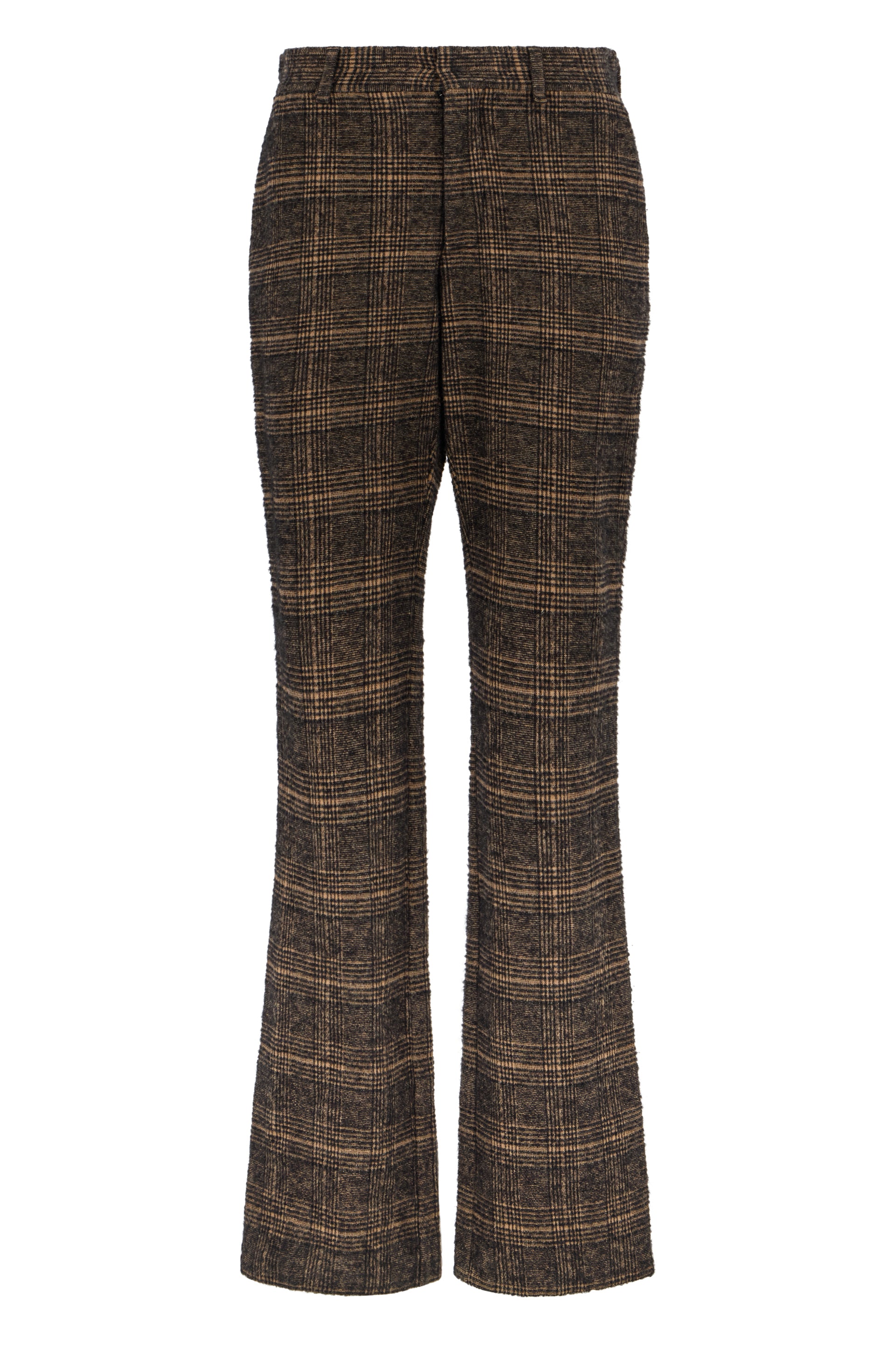 Black flared pants with a checkered pattern in beige.