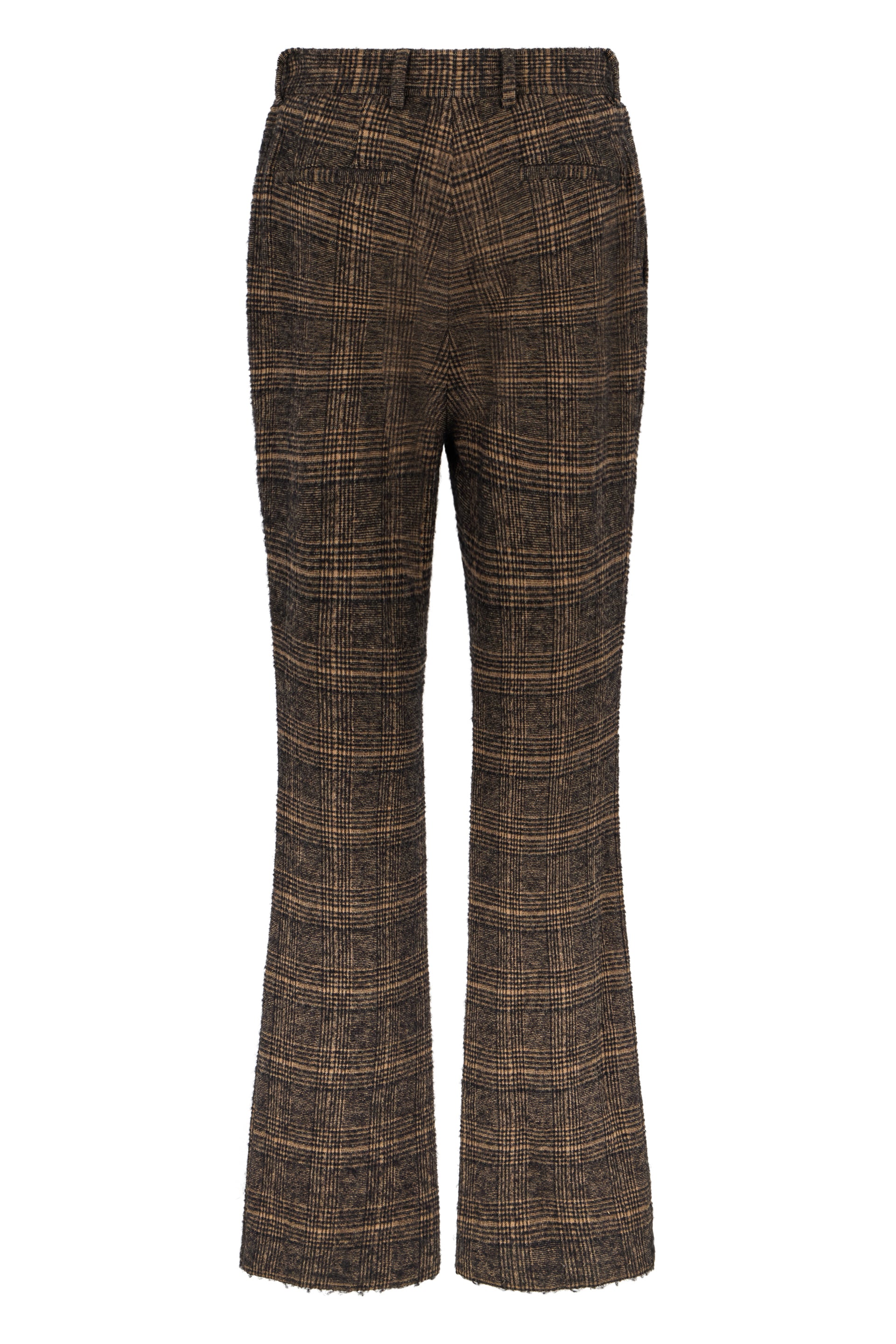 Black flared pants with a checkered pattern in beige.