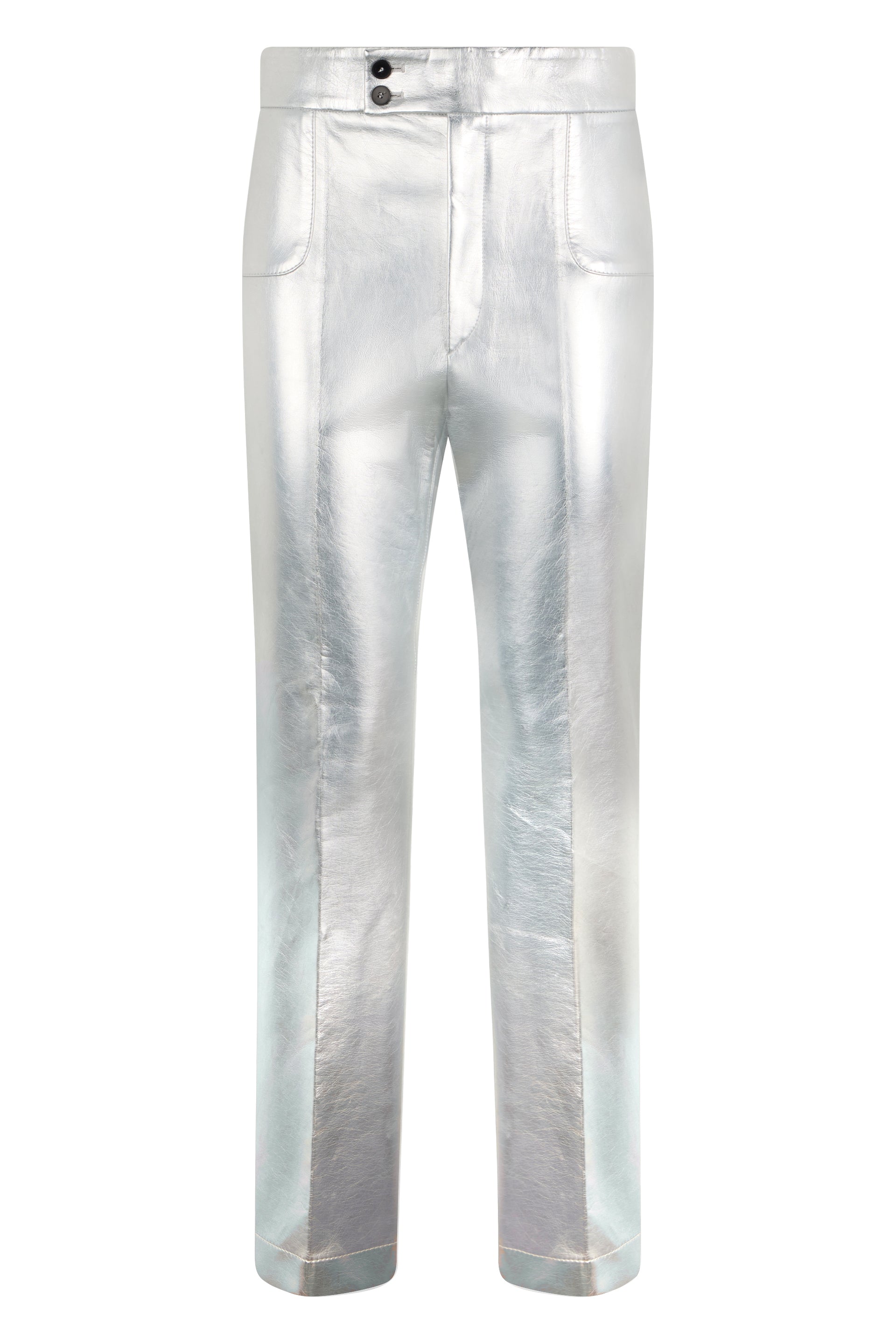 Silver high-waisted pants with a refined design.