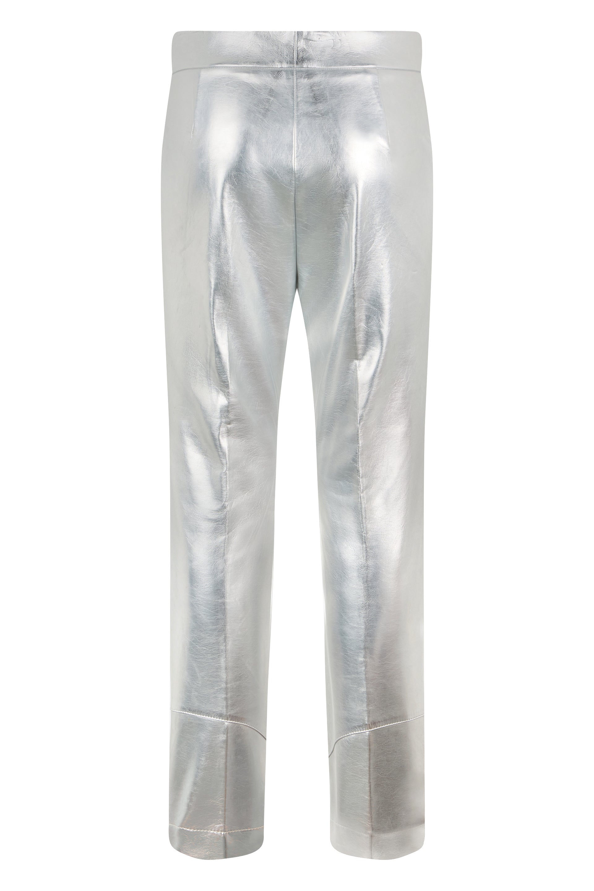 Silver high-waisted pants with a refined design.