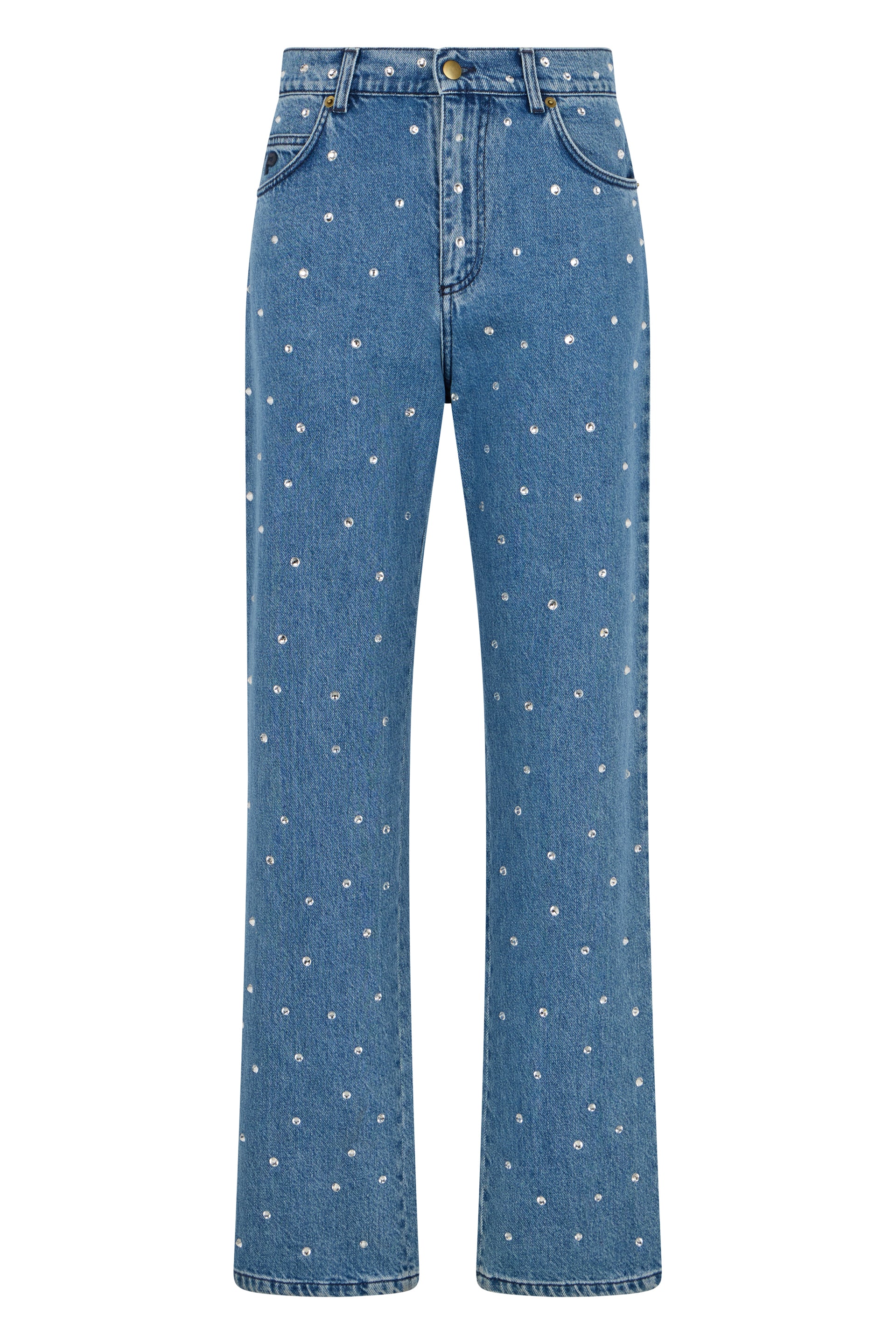 Blue denim trousers with a straight cut adorned with rhinestones.