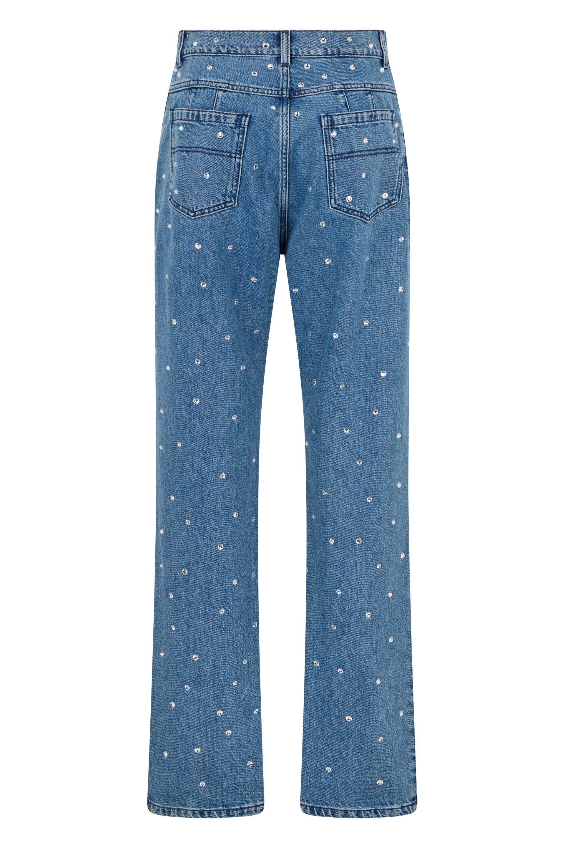 Blue denim trousers with a straight cut adorned with rhinestones.