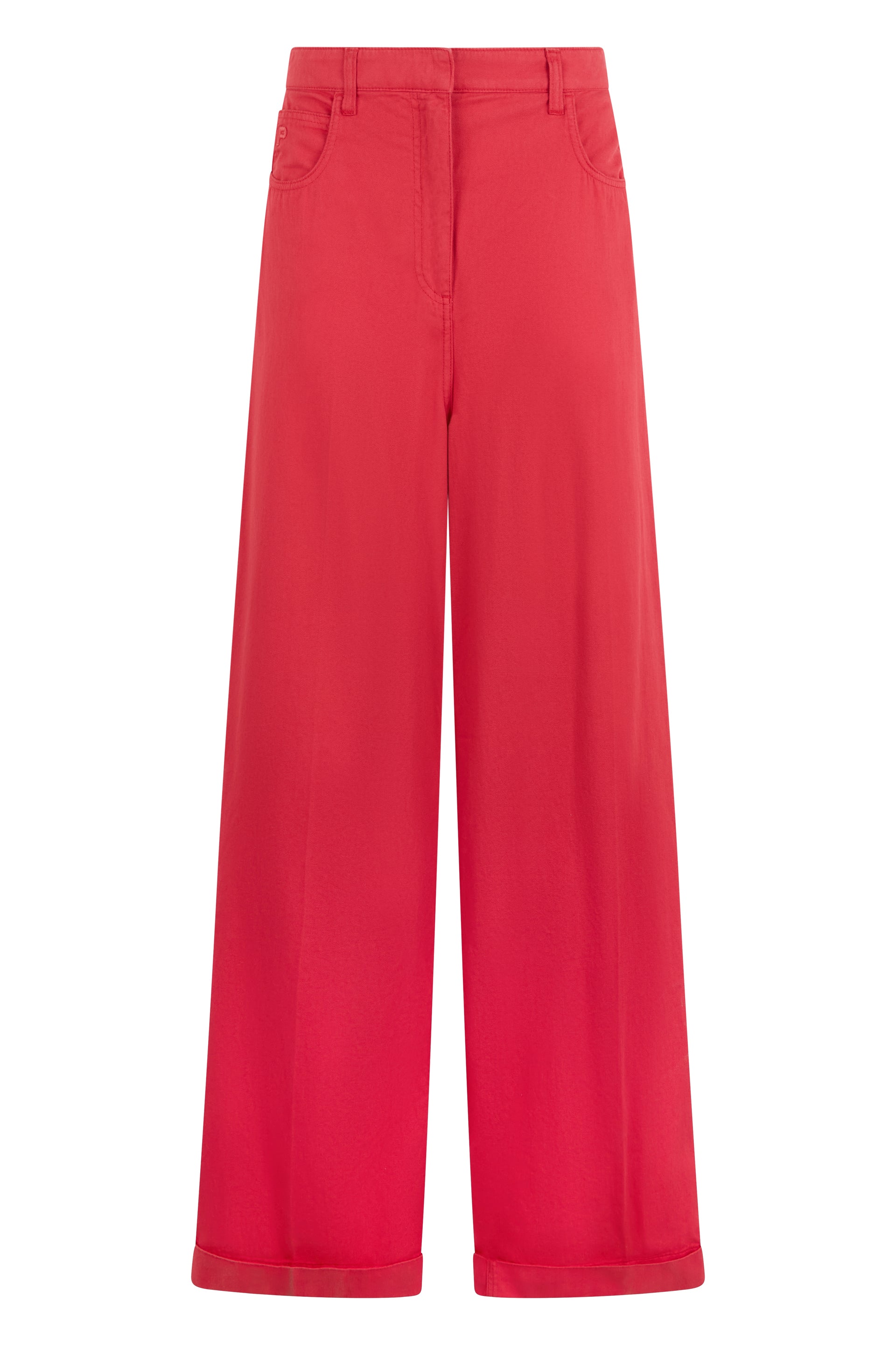 Red long trousers with a wide fit and high waist.