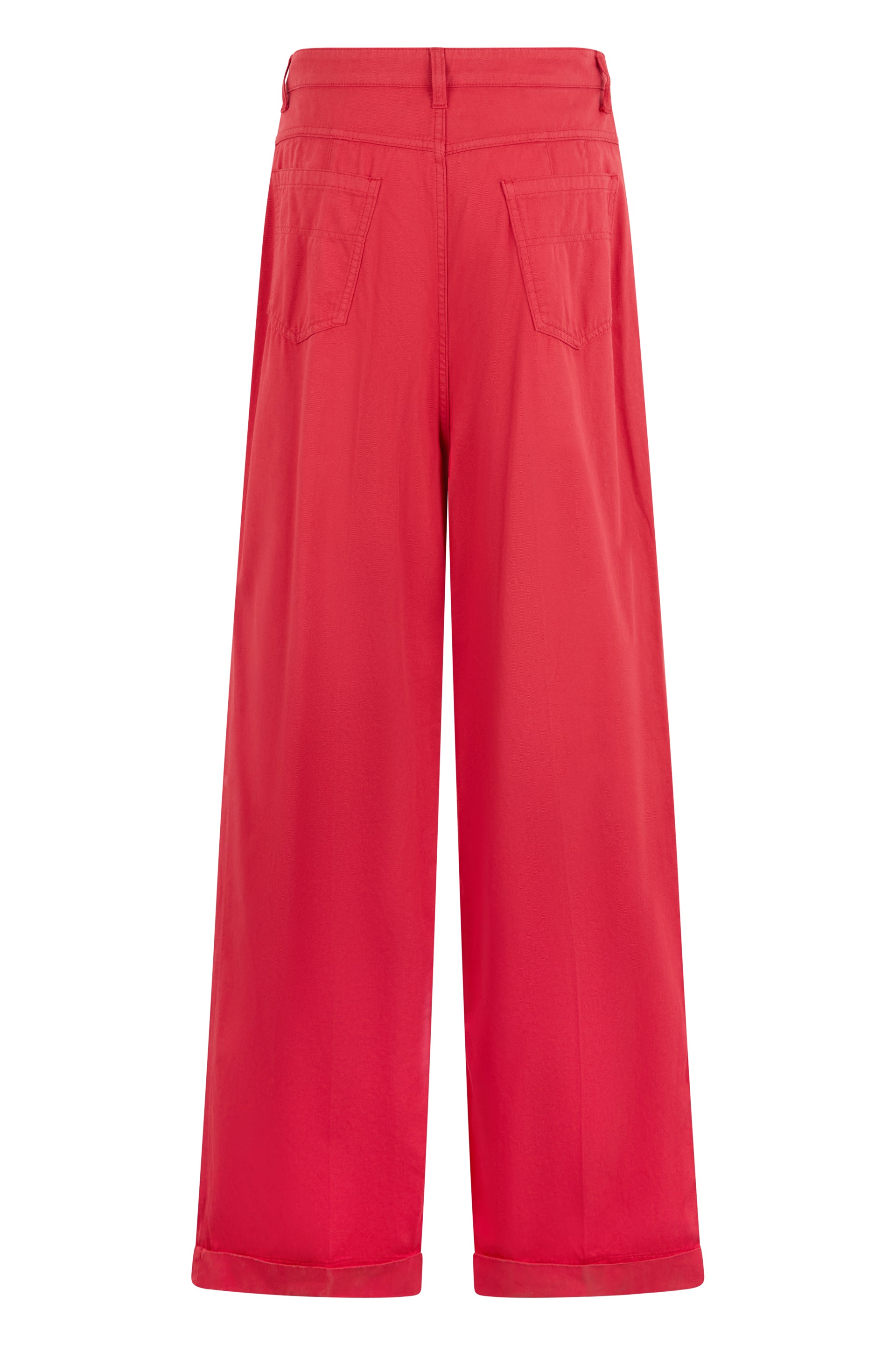 Red long trousers with a wide fit and high waist.