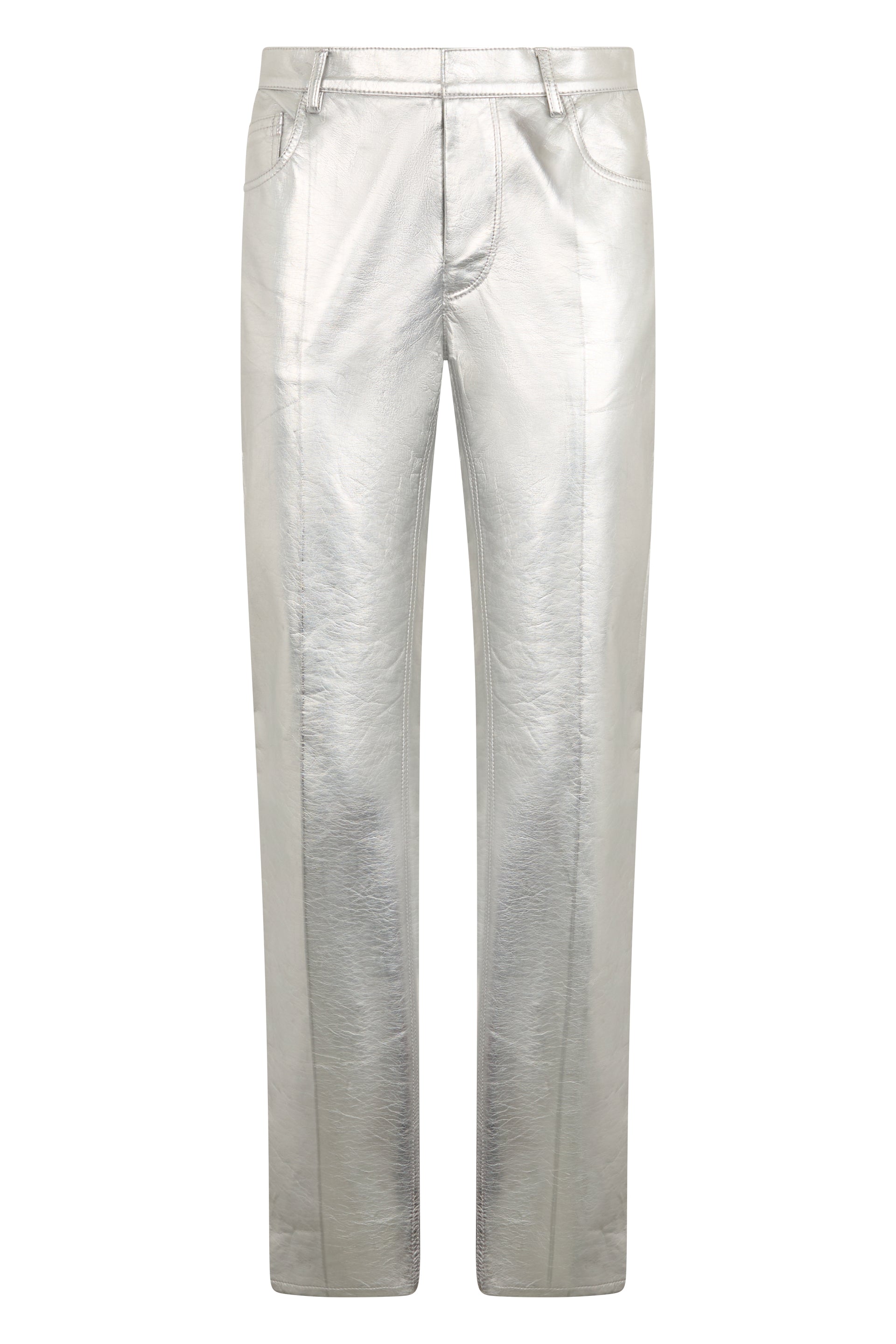 Silver pants with a straight cut.