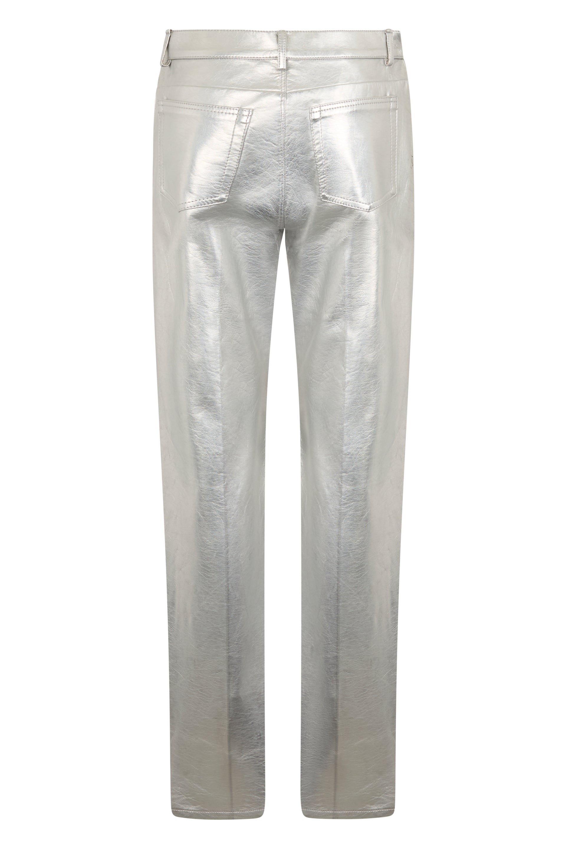 Silver pants with a straight cut.