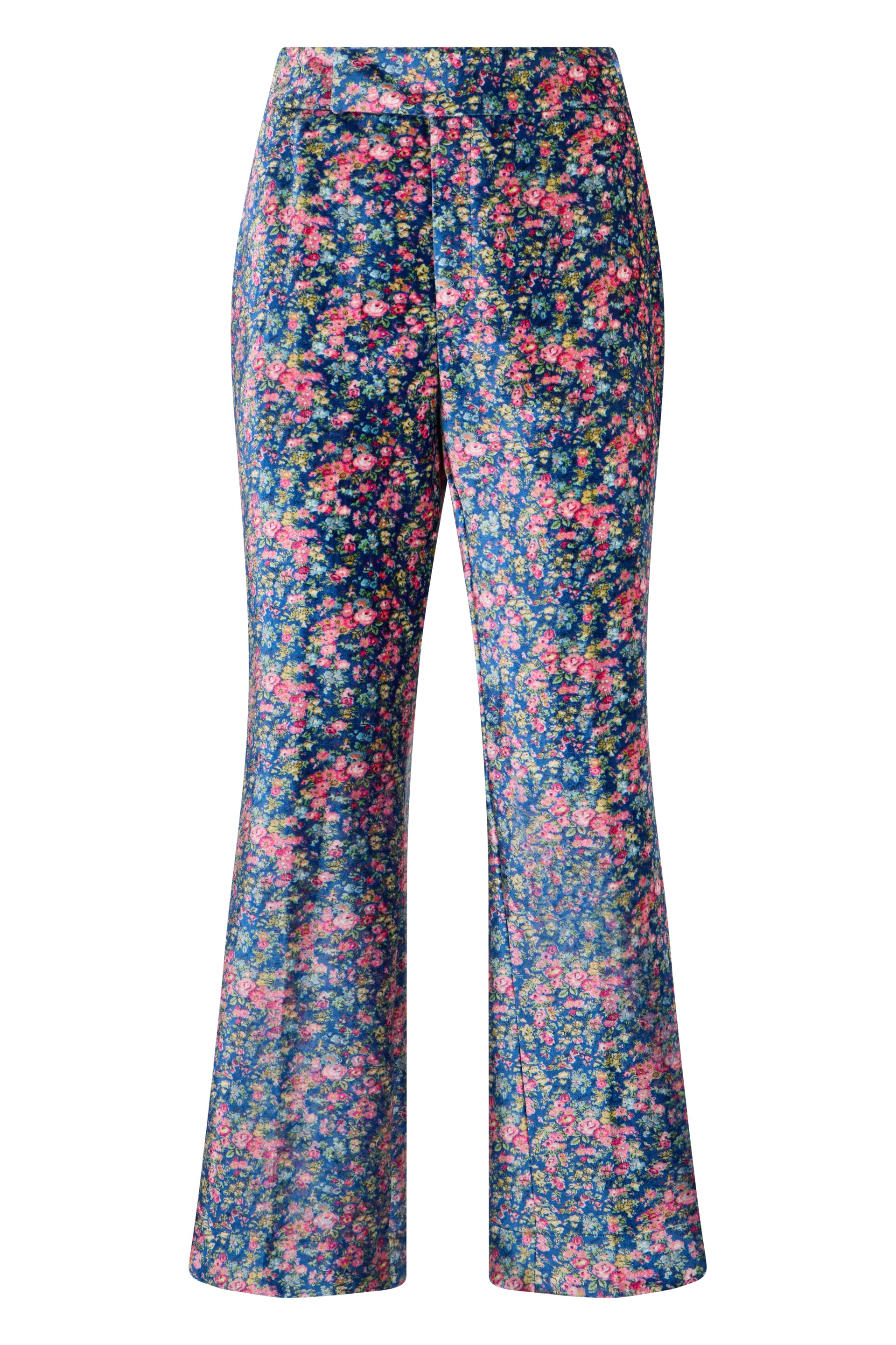 Blue flared pants with floral print and a versatile and chic design.