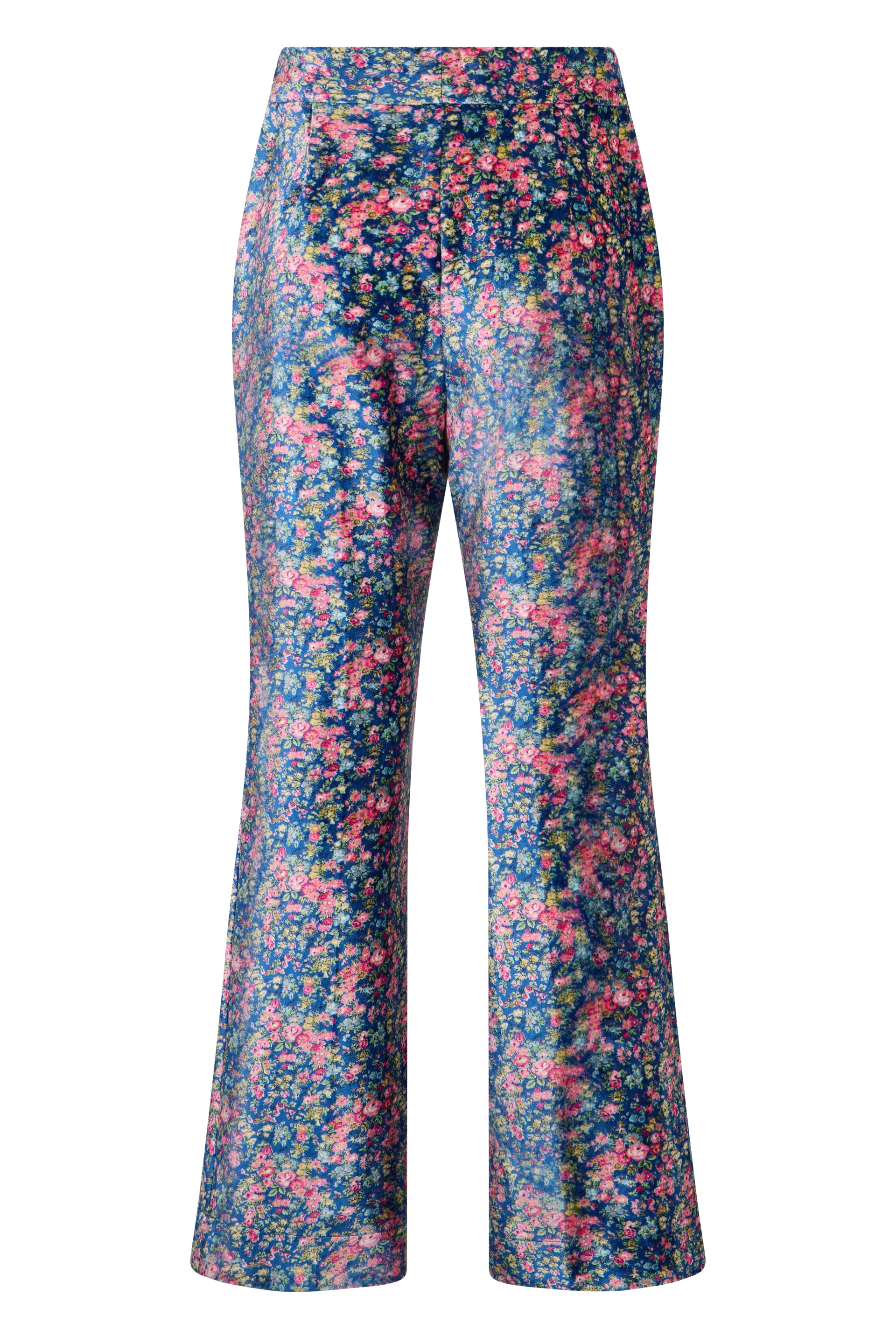 Blue flared pants with floral print and a versatile and chic design.