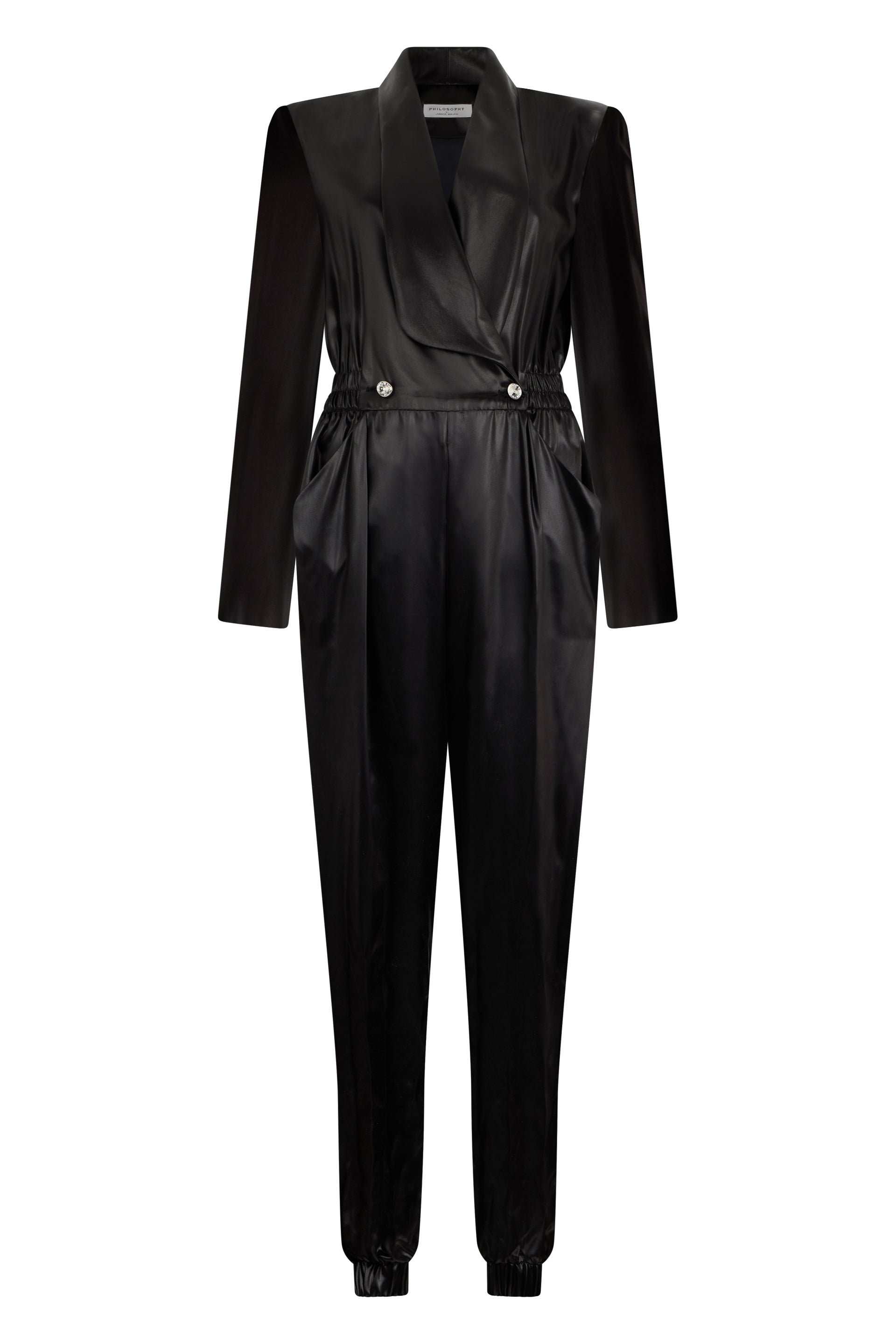 Elegant long black jumpsuit with sophisticated design.