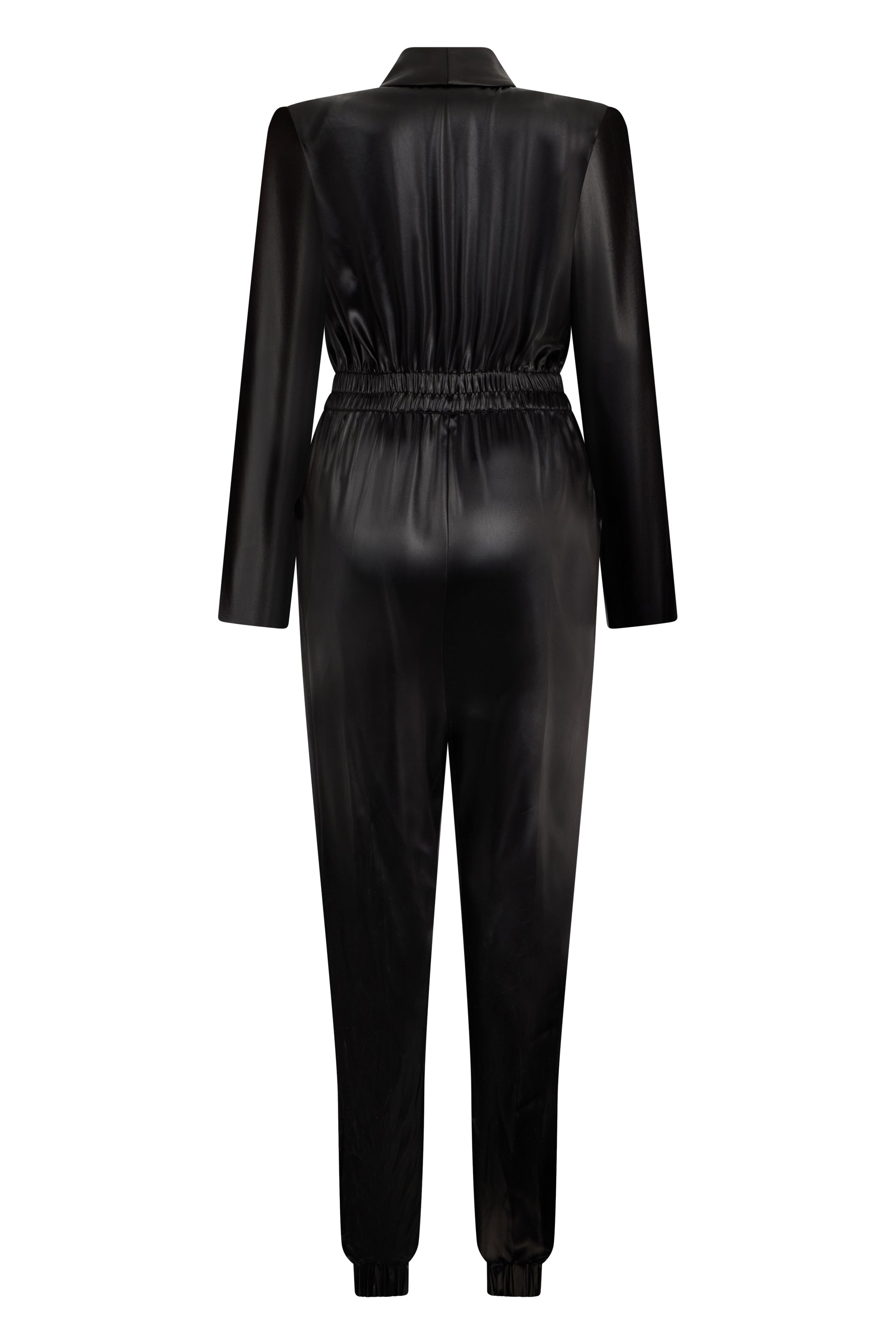 Elegant long black jumpsuit with sophisticated design.