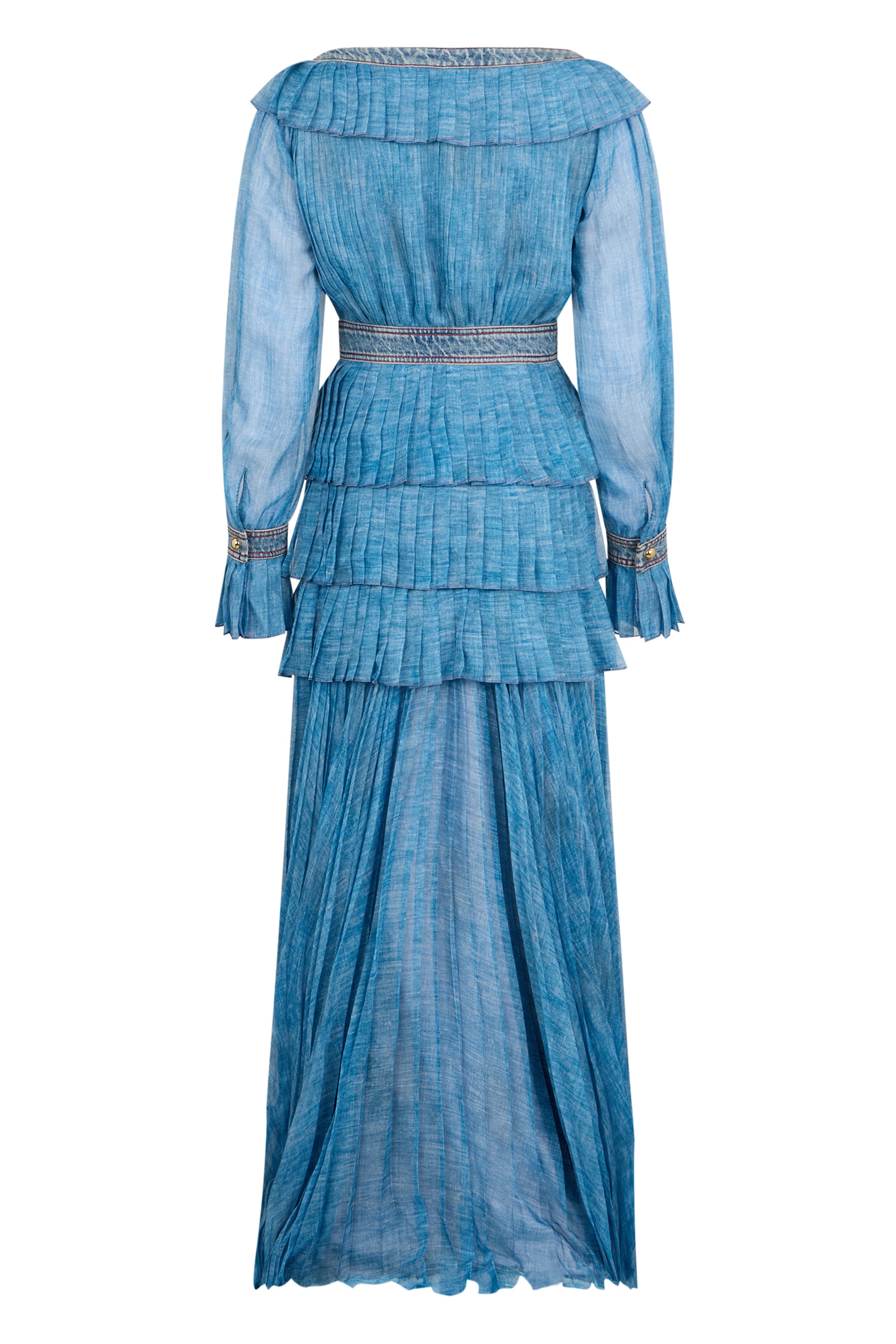 Elegant long blue dress with flowing draping