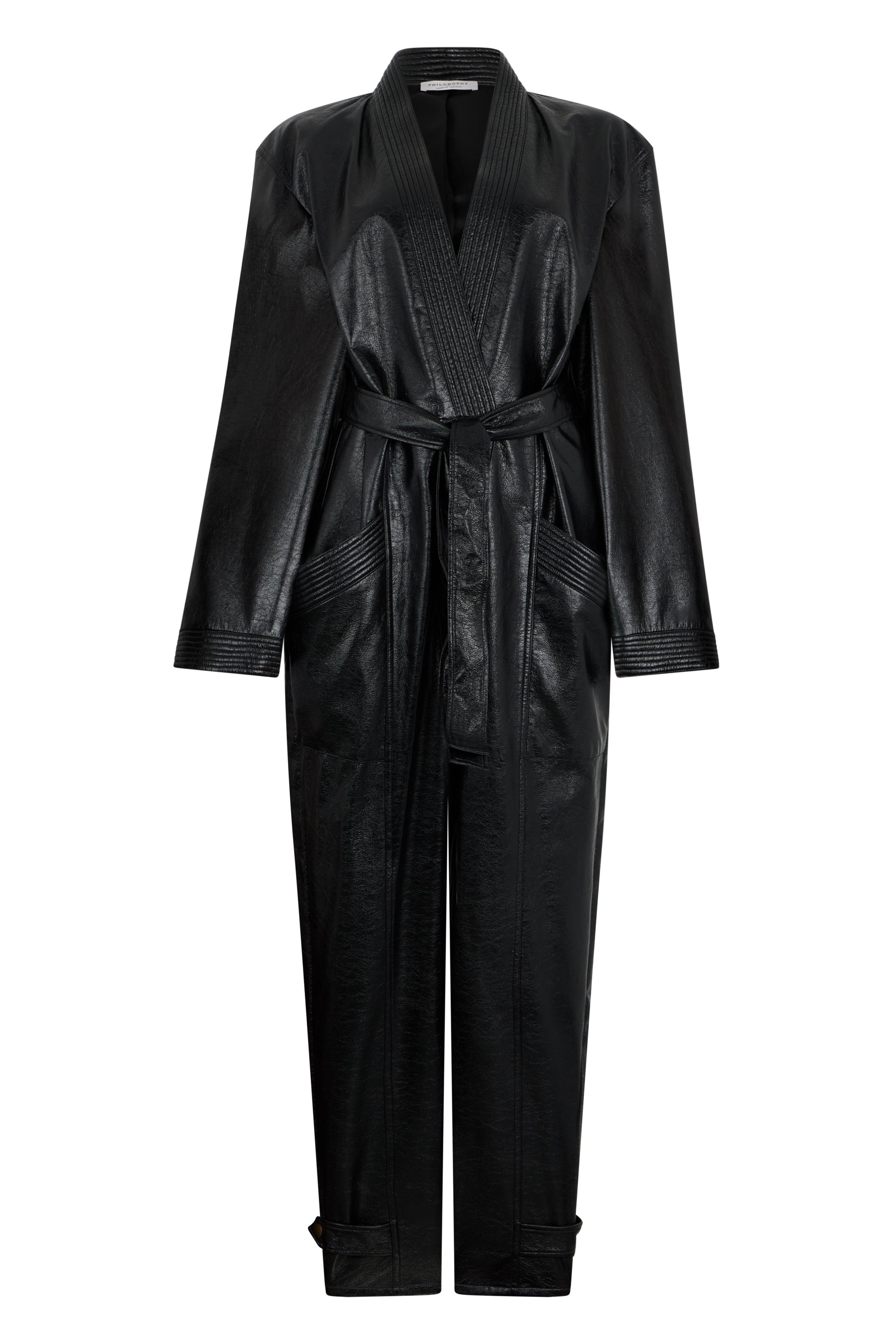 Elegant black jumpsuit in eco-leather with buttons and pockets.